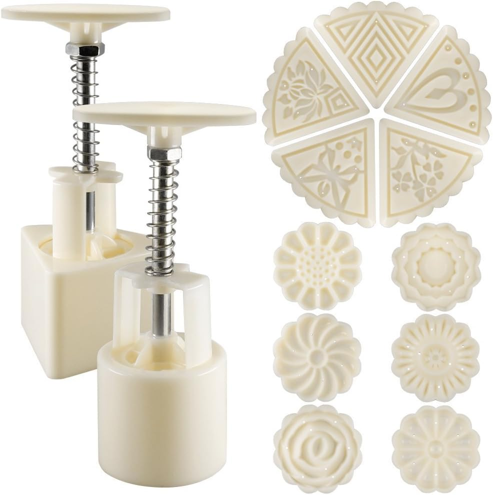 2 Sets Mooncake Mold Press 50G with 11 Stamps, SENHAI Flower and Triangle Shape Decoration Tools for Baking DIY Cookie - White image number 5