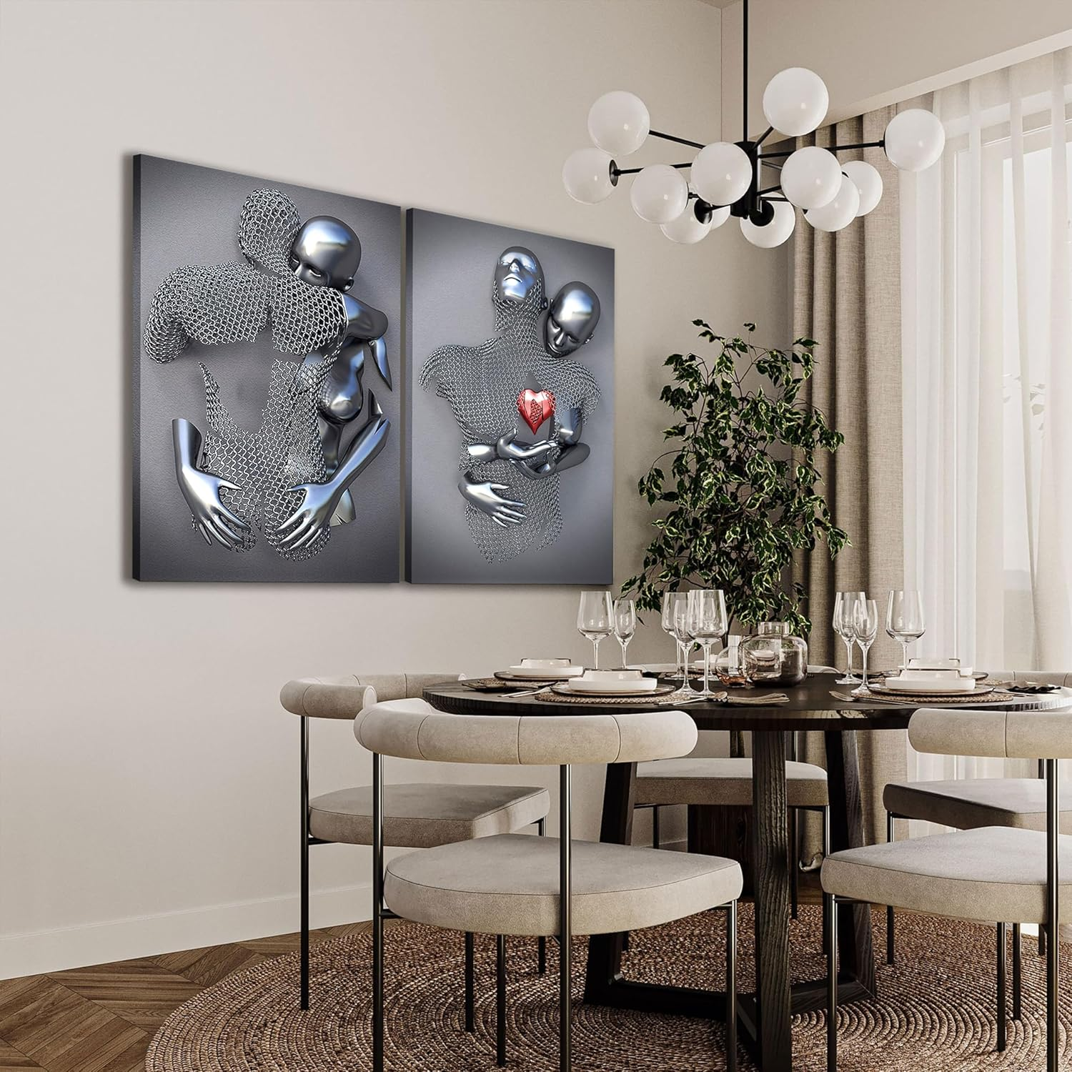 Framed Wall Art for Bedroom 3D Metal Effect Love Heart Couple Wall Art Decor for Living Room 3 Pieces Modern Abstract Grey Black and White Canvas Prints Poster Pictures Paintings for Wall Decorations image number 1