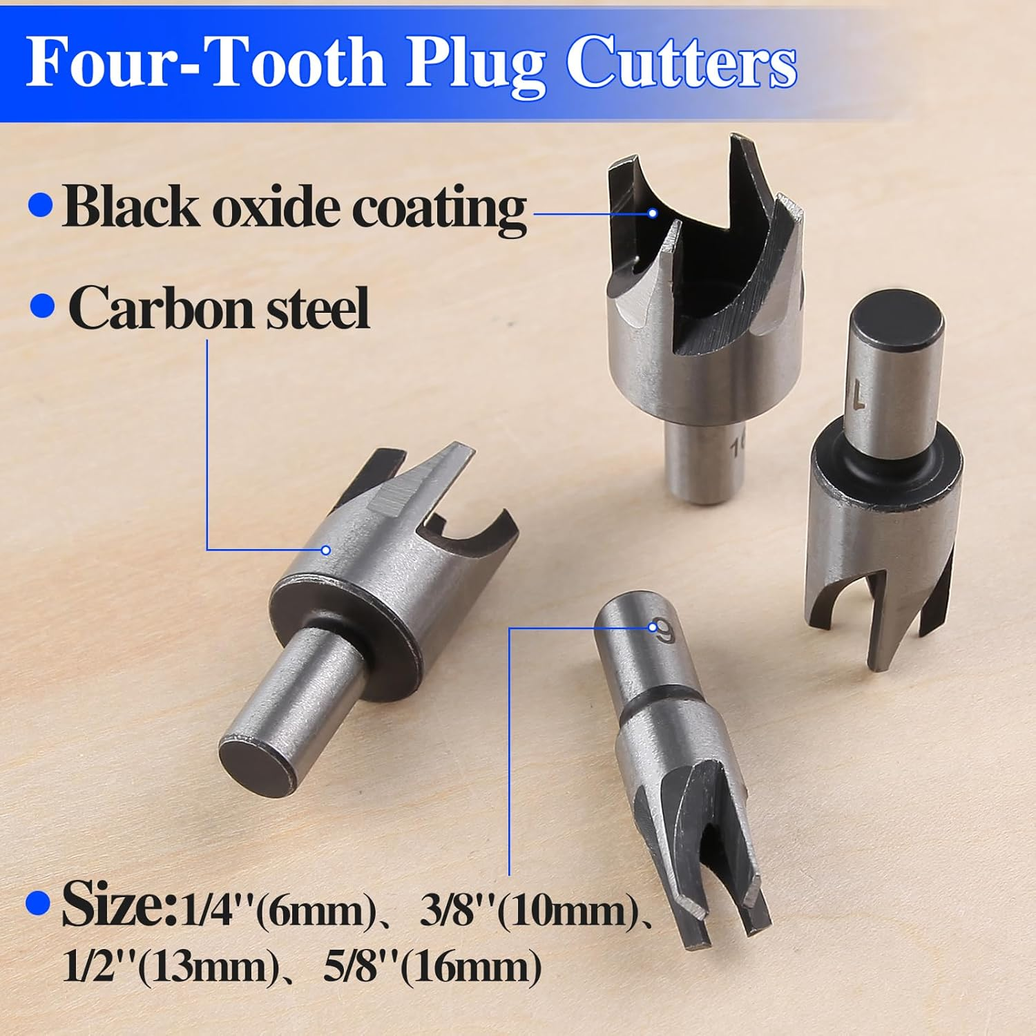 LEONTOOL 8Pcs Wood Plug Cutter Drill Bit Set Straight and Tapered Taper Cutting Tool Cork Drill Bit Knife Set Woodworking Hole Saw Cutting Tool 1/4" 3/8" 1/2" 5/8" (Metric 6Mm 10Mm 13Mm 16Mm) image number 3