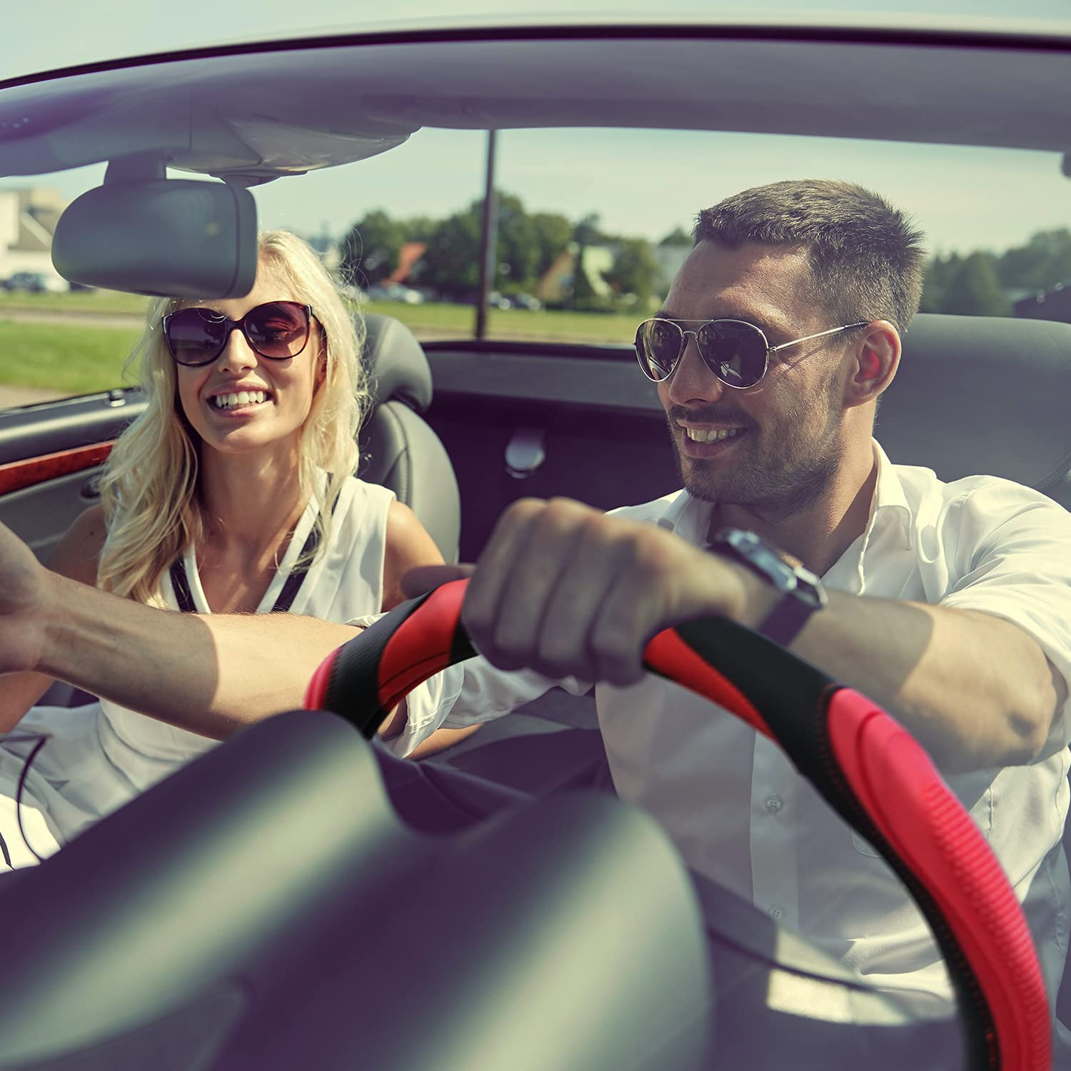 XCBYT Steering Wheel Cover - 14.5-15 Inch Car Microfiber Leather Steering Wheel Wrap Black Red Sports Fan Design Non-Slip for Man Women image number 3