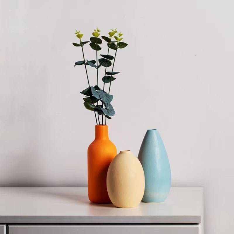 Fohouse Ceramic Vases for Home Decor, Small Flower Vase Set of 3 for Pampas Grass, Home, Living Room, Dining Table, Farmhouse, Office Decor, Bedroom, Table, and Kitchen Shelf, Colourful image number 5