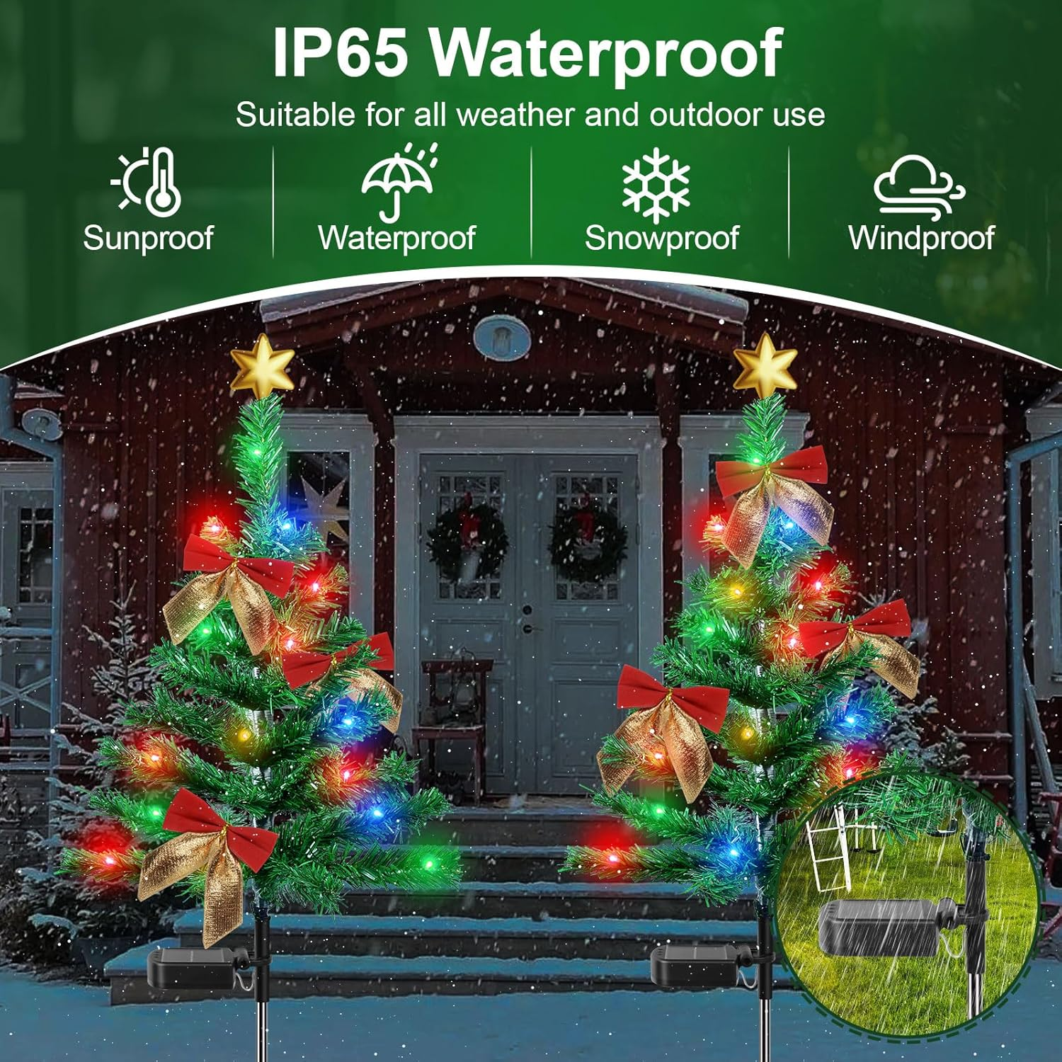 Ninonly 2 Pack Solar Christmas Tree Light, 85CM Solar Powered Outdoor Christmas Tree Garden Lights with 30 Leds Bows Stars Ornaments, Waterproof Solar Xmas Tree Stake for Yard Pathway Walkway image number 1
