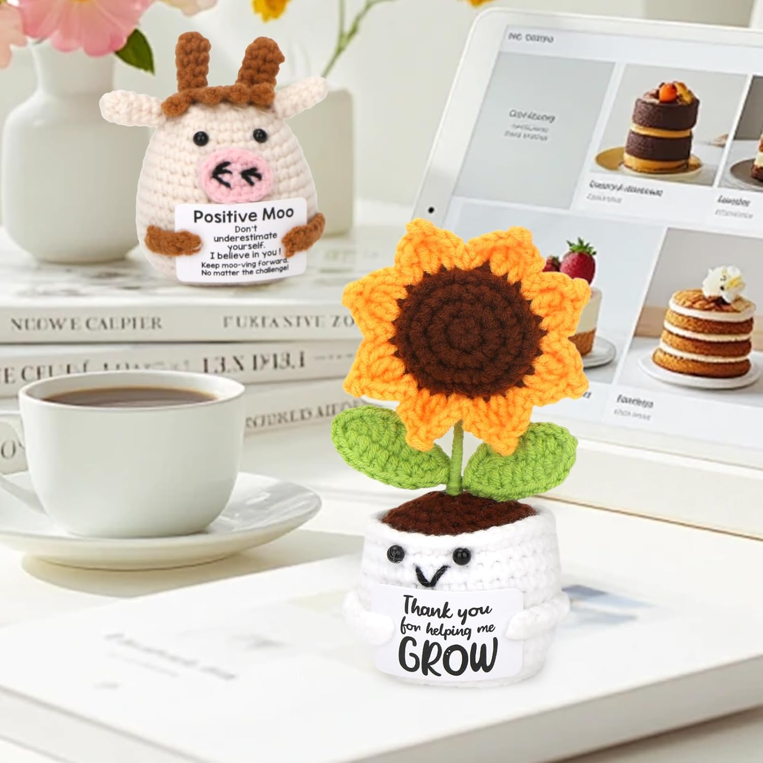 ZCOINS Emotional Support Positive Crochet Cow, Small Positive Crochet Plush Cow Gift, Mini Motivational Plush Animal with Encouraging Message for Friend Birthday, Samll Inspirational Funny Desk Decor image number 1