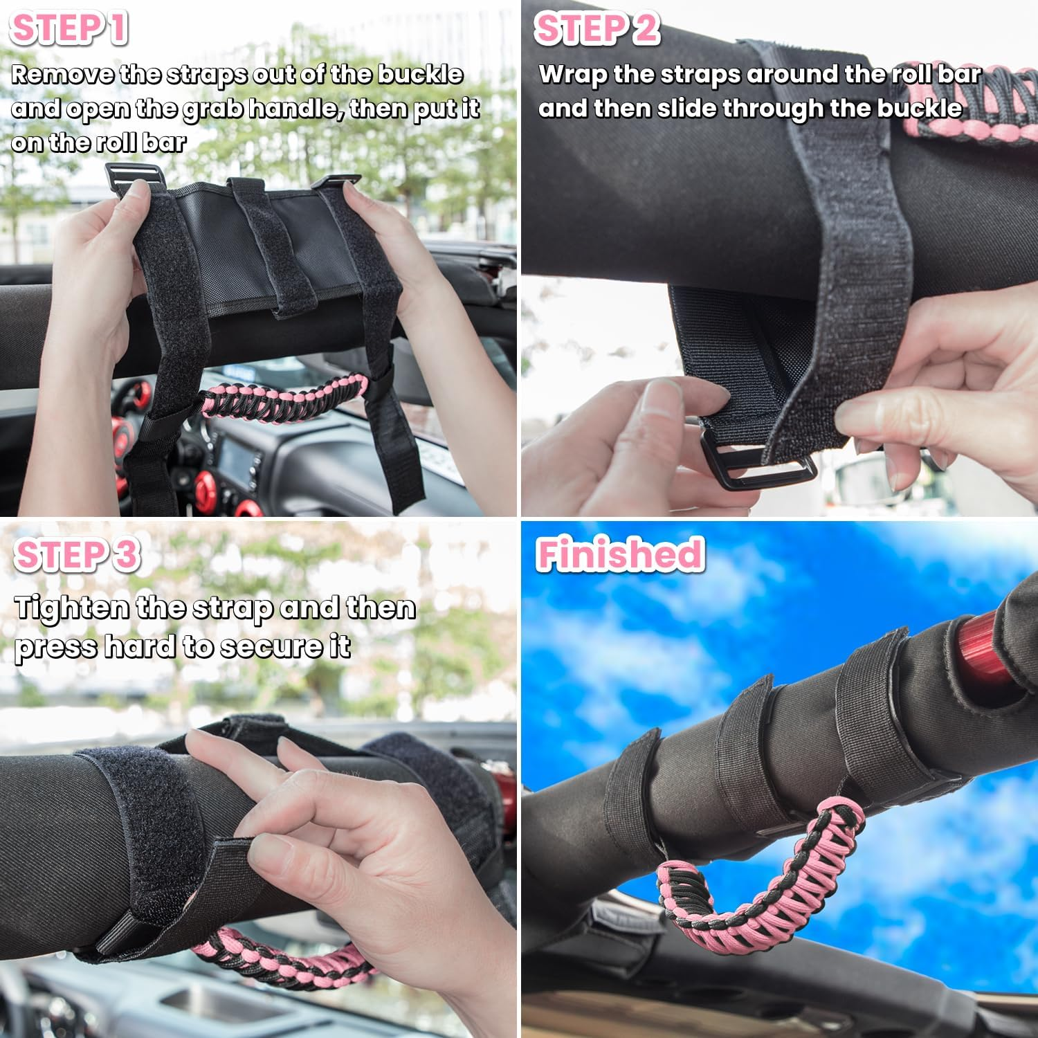 Roll Bar Grab Handles Grip Handle for Jeep Wrangler YJ TJ JK JKU JL JLU Sports Sahara Freedom Rubicon Unlimited X Gladiator JT 1955-2022 UTV ATV Premium Paracord (Pink 2PCS)
