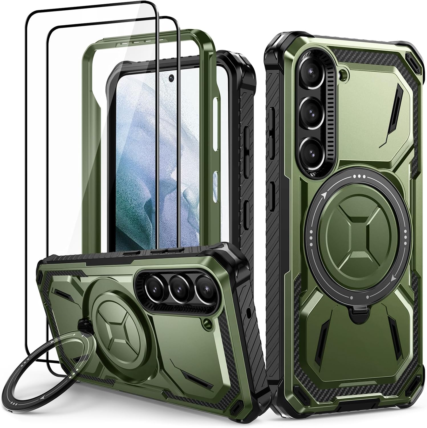 Lanhiem Case for Samsung Galaxy S22 with 2 Pieces Tempered Glass, 360&deg; Ring Stand Protective Case, Military Shockproof Mobile Phone Case for Samsung S22, Blue