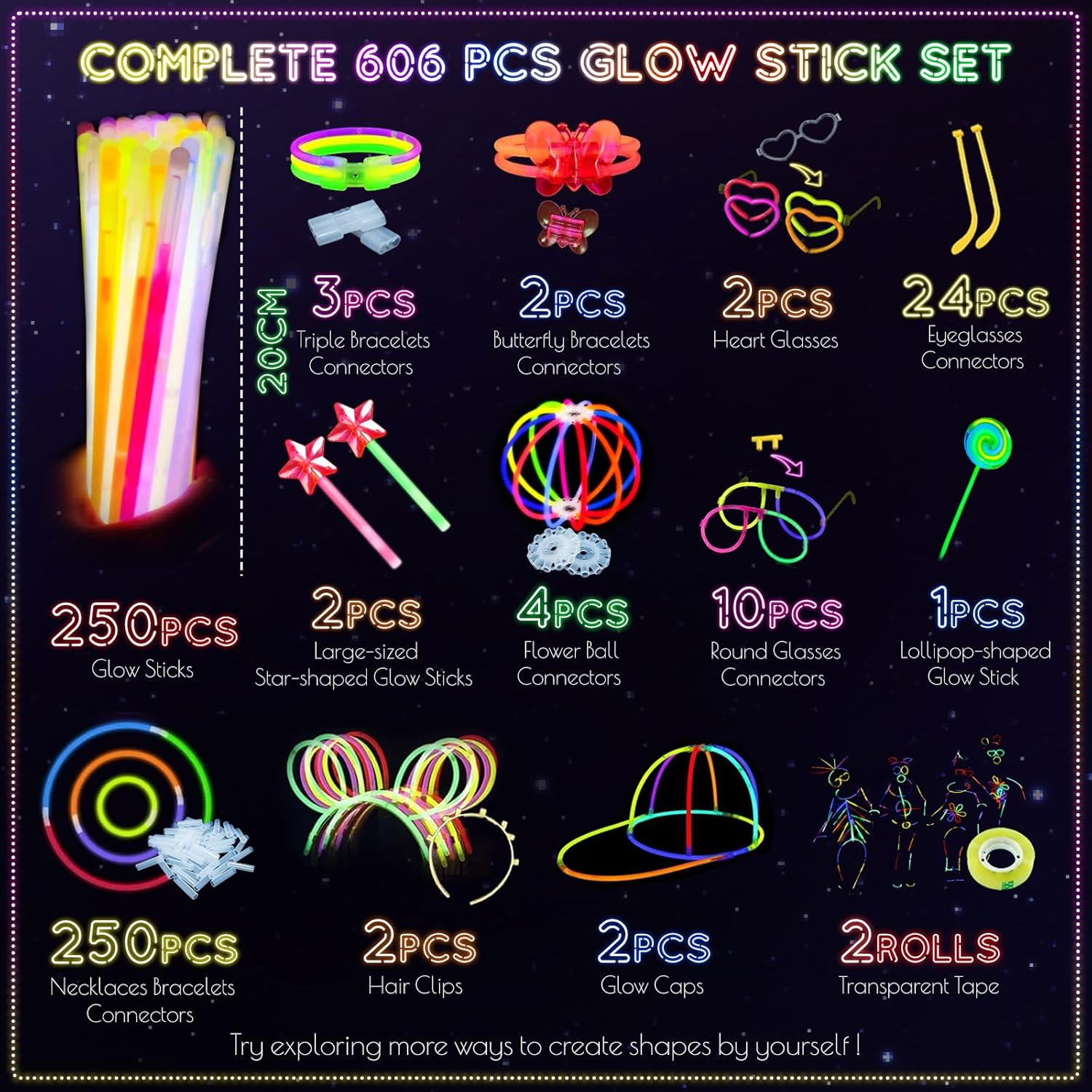 Wukon Glow Sticks Set 606 PCS - 8" Ultra Bright Bulk Glow in the Dark Party Supplies with Connectors for Bracelets, Necklaces, Glasses & Headbands, Glow Stick Party Favors for Kids & Adults Festivals