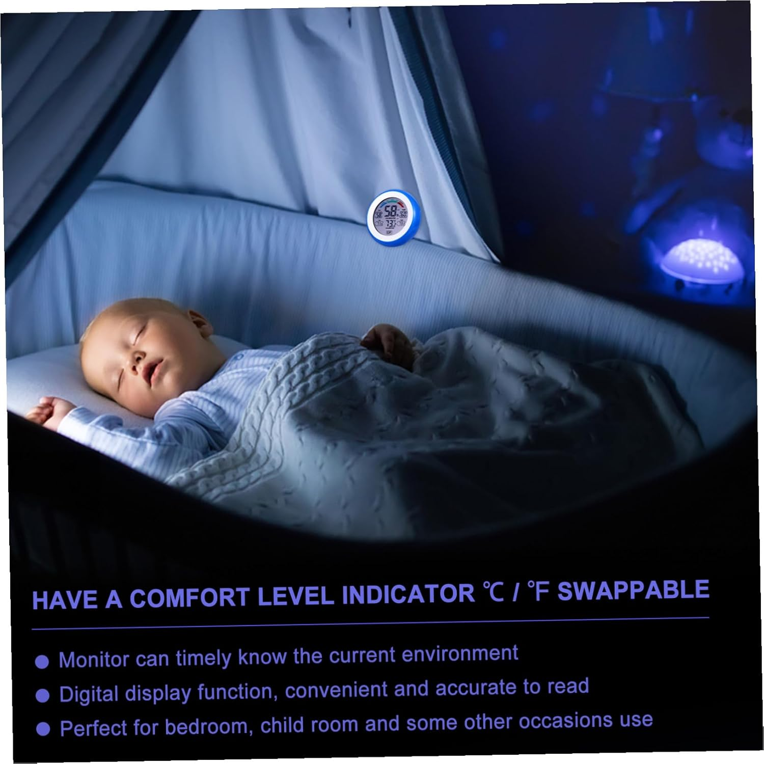 UKCOCO Multi-Functional Digital Temperature Gauge and Electric Hygrometer for Indoor Use High-Precision round LCD Touchscreen, Blue Mini Thermometer Humidity Meter without Battery image number 2