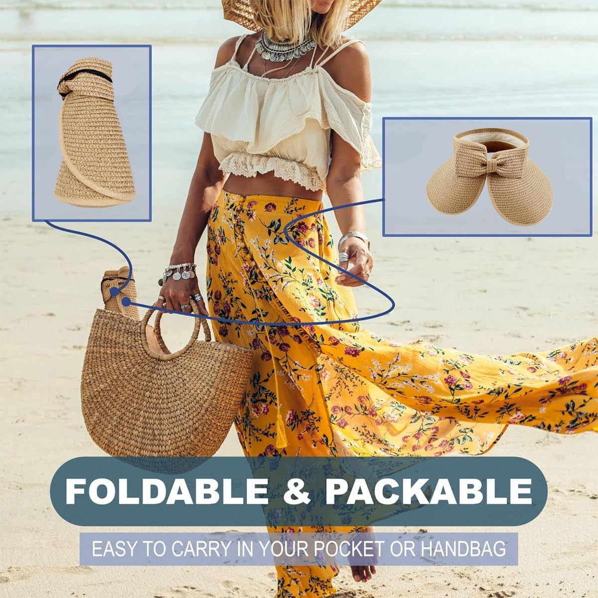 AIMALL Foldable Summer Straw Hat, Korean Style Bow Design, 22-23.62 Inch Adjustable, UV Protection, Lightweight & Travel-Friendly Wide-Brim Visor for Women - Dark Brown image number 5