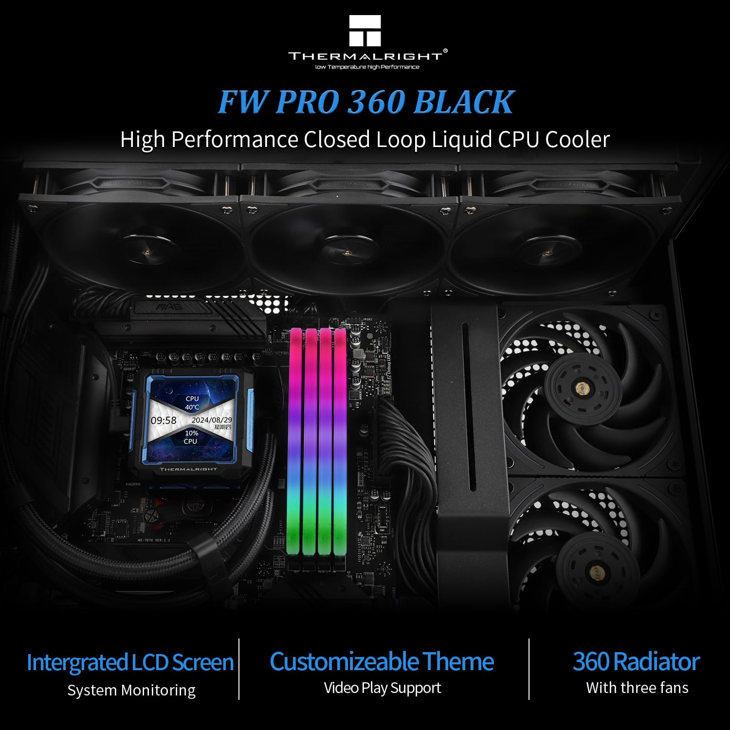 Thermalright FW PRO 360 Black CPU Water Cooler with PWM Fan, 2000RPM Speeds,Ips LCD Screen with 320 * 320 Resolution,Liquid CPU Cooler,For Am5/Intel Lga1851/1700,2.73Inch Display Screen image number 6