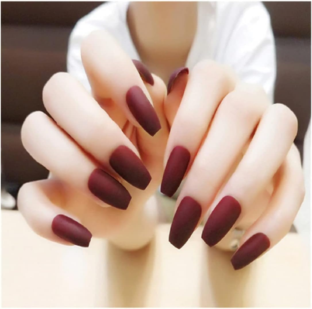 VIKSON INTERNATIONAL Set of 24 Pcs 12 Pcs WINE Red 12 Pcs NAKED COFFEE MATTE Finish Roud Tip Pre-Design French Manicure Full False Fake Nails with 1 Nail Glue Sticker Sheet. image number 6