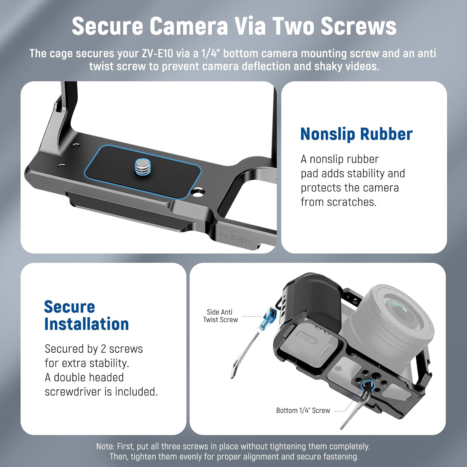 NEEWER ZV-E10 Camera Cage with Silicone Grip, 1/4" Threads, 3/8" ARRI Locating Holes, Arca Type QR Base, Protective Metal Video Rig Compatible with Smallrig Handles DJI RS Gimbals Sony ZV-E10, CA003S image number 2
