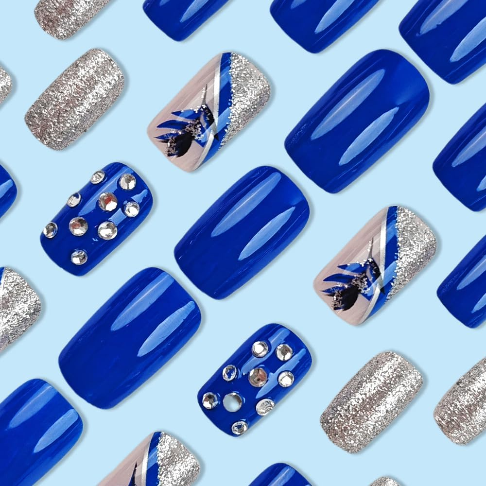 24 Pieces French Press on Nails Medium Length Square Artificial Nails Blue Rose Flower Fingernails for Sticking Glitter Silver Adhesive Nails Set Acrylic Nail Tips Women Spring Summer Nail Accessories - 424J6 image number 2