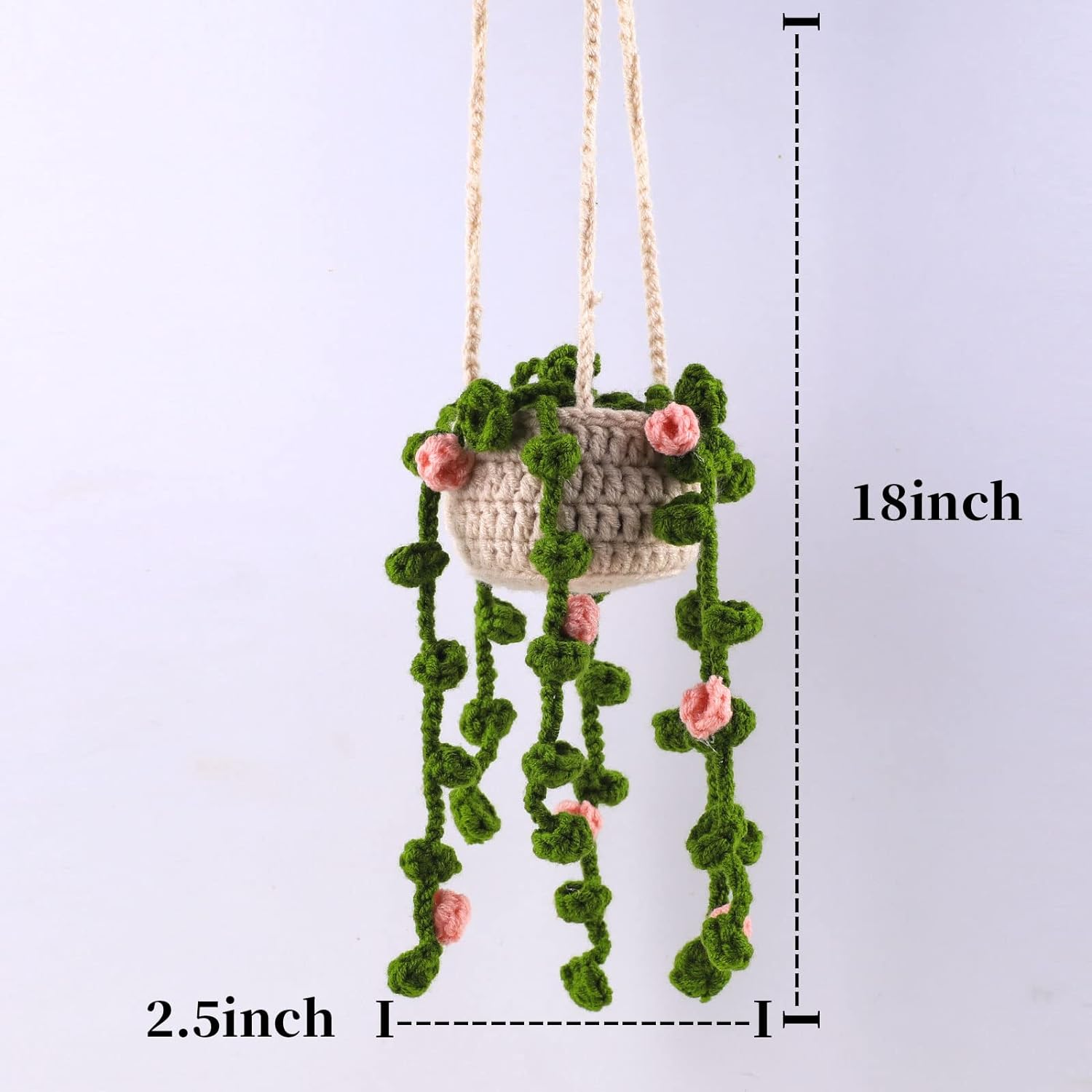 Cute Potted Plants Crochet Car Mirror Hanging Accessories for Women Men - Handmade Knitted Rear View Mirror Interior Aesthetic (Pink Flowers) image number 3
