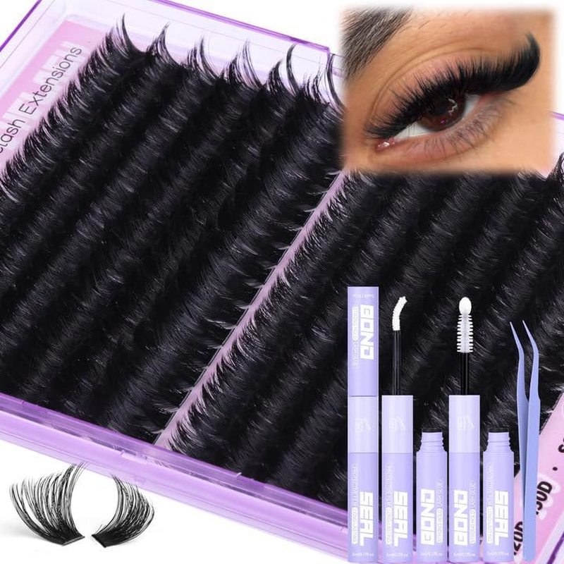 Lash Clusters Kit 14-20MM Long Eyelash Extension Kit 192Pcs Thick Volume DIY Lash Extensions Kit Fluffy Cluster Lashes D Curl Individual Lashes Kit 120D+150D Cluster Eyelash Extensions Kit image number 2