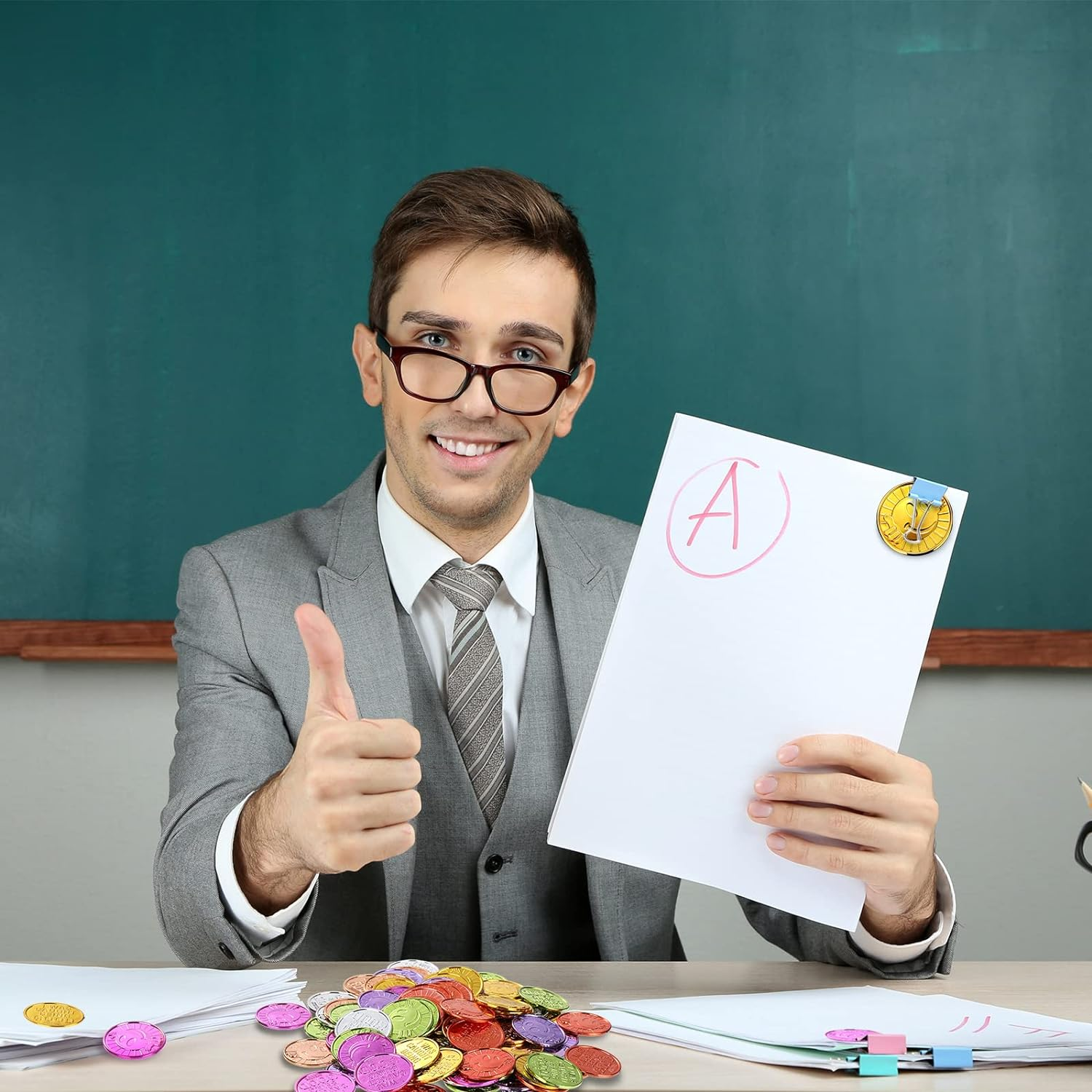 100 Pieces Plastic Coins I Was Caught Being Good Incentive Coins Colored Plastic Coins Tokens for Boys Girls Behavior Smile Face Coin Pretend Play Coin for Counting Halloween Party Christmas Reward image number 1