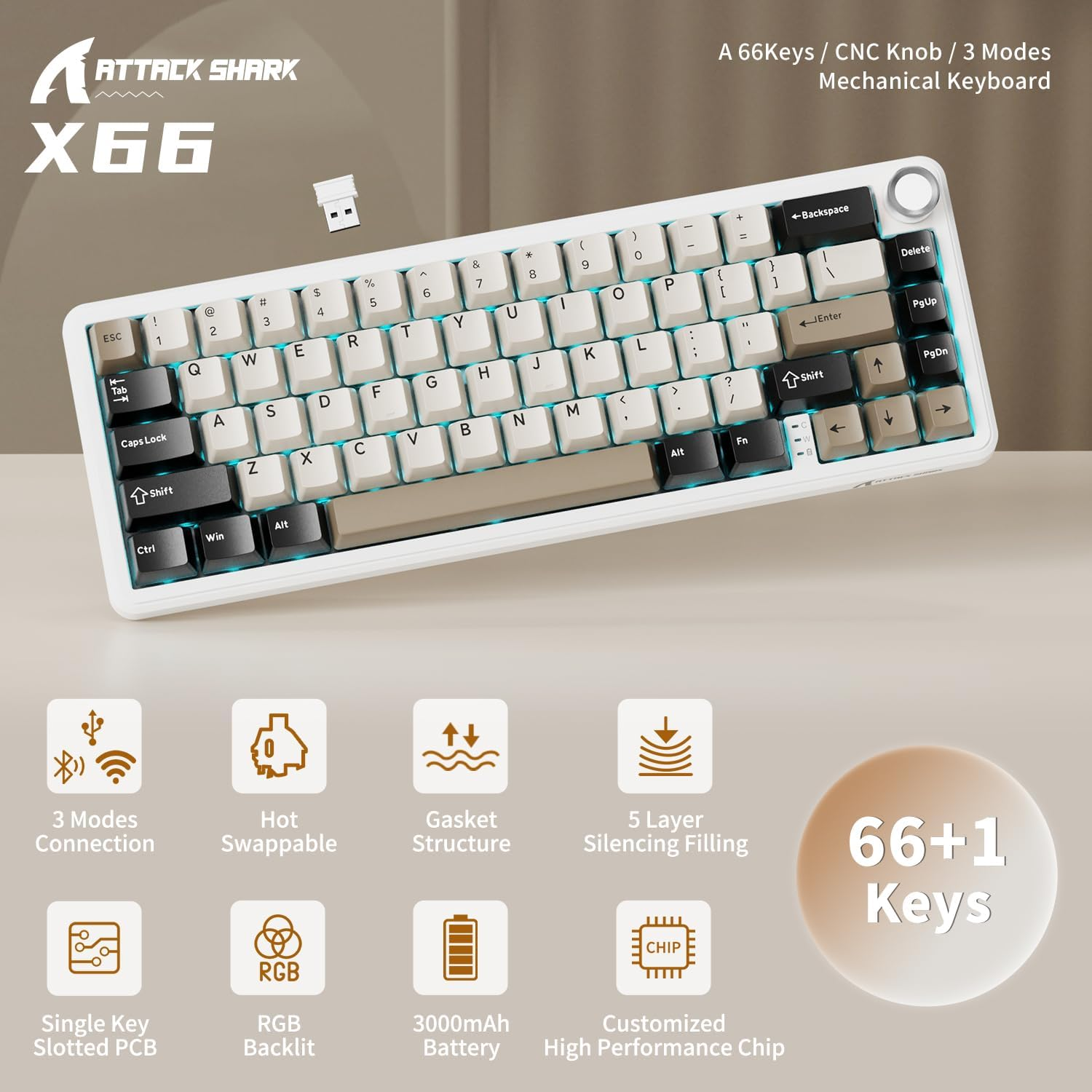 ATTACK SHARK X66 Wireless Mechanical Gaming Keyboard with Knob,Tri Mode USB-C/BT5.0/2.4G Gasket Mounted 60% RGB Gaming Keyboard 66Keys,Pbt Keycap, Hot Swappable Custom Strawberry Switch(Cheese White) image number 6