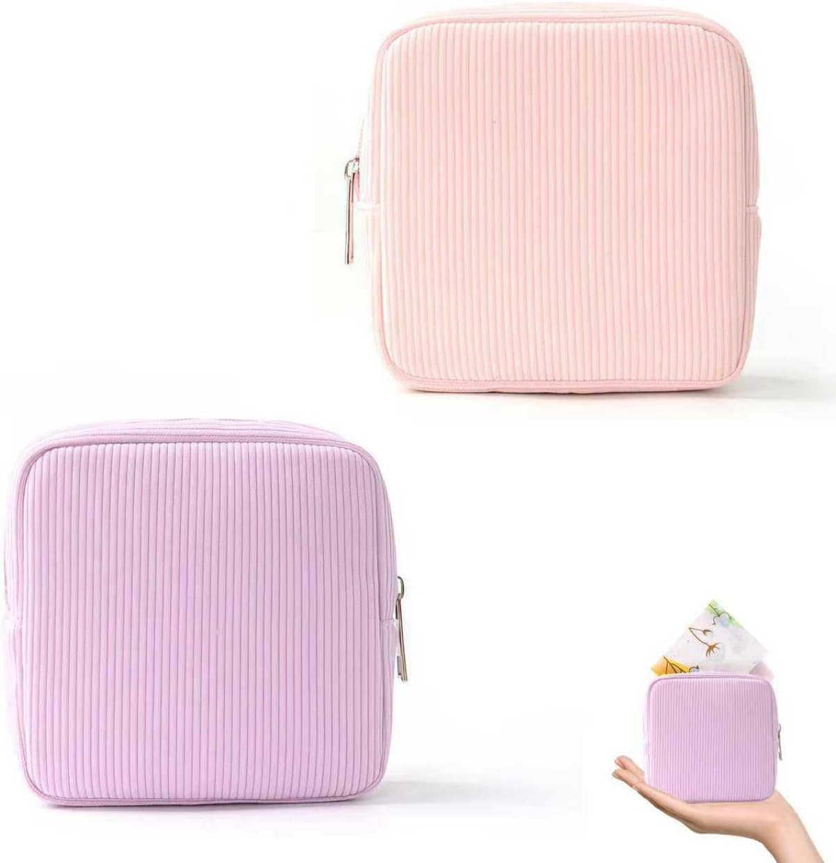 LUMOOM Pack of 2 Sanitary Towels Storage Tampon, Cosmetic Bag Small for Handbag Made of Corduroy, Sanitary Napkin Bag with Metal Zip, Make up Bag for Girls (Pink + Purple), Pink + Purple image number 1