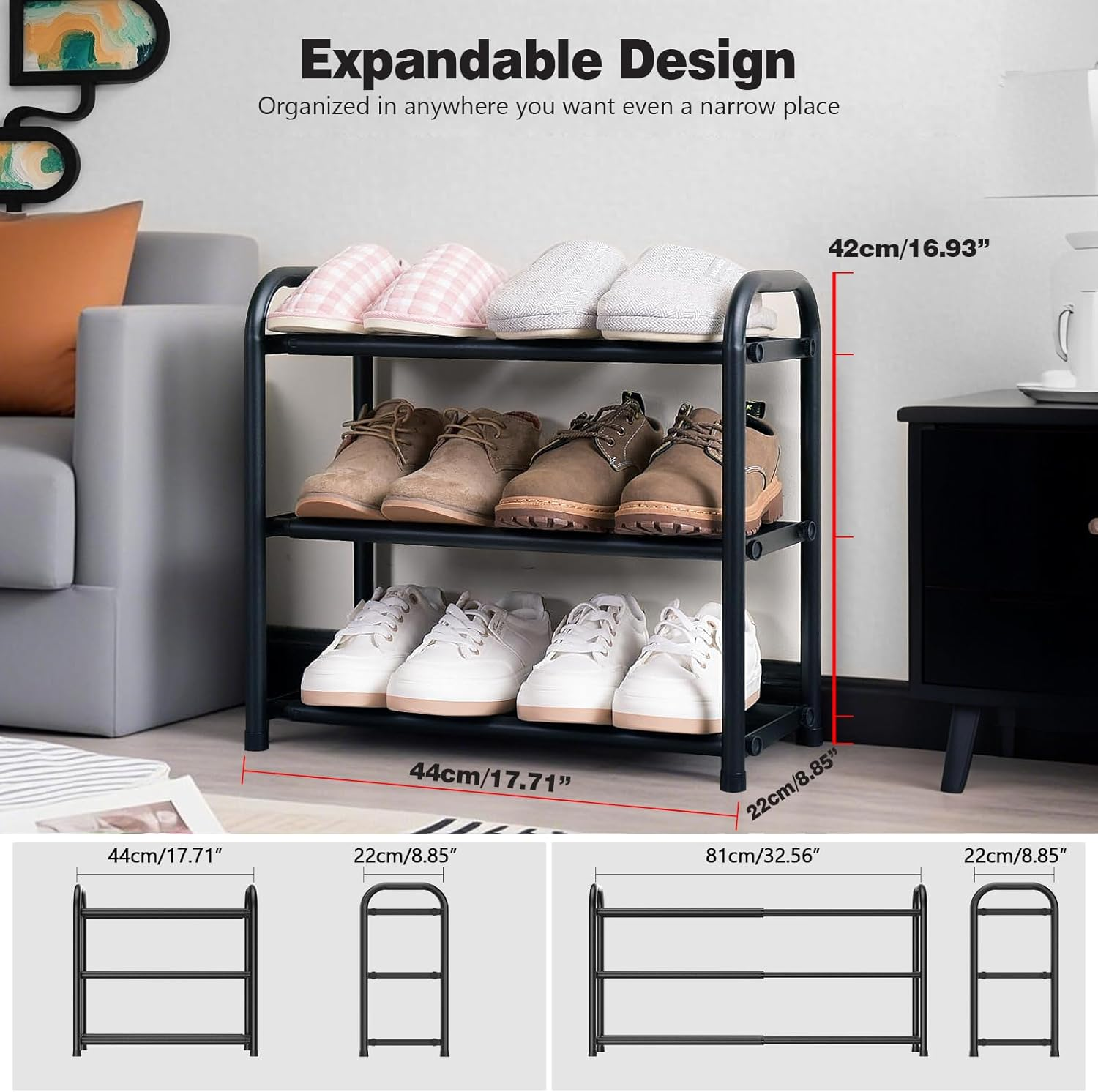 Expandable 3-Tier Shoe Rack, Adjustable Shoe Shelf Storage Organiser with Heavy Duty Metal Construction, Free Standing Shoe Rack for Hallway, Closet, and Entryway(Black) image number 1