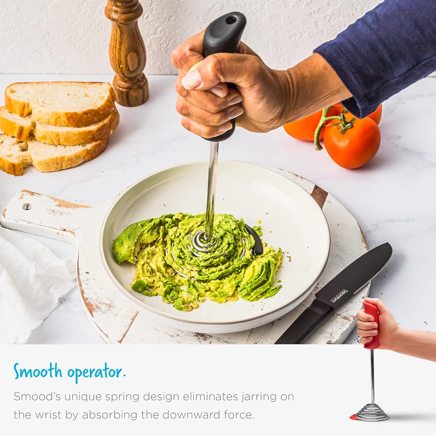 Dreamfarm Smood One-Handed & Ergonomic Soft-Grip, Stainless-Steel Vegetable & Potato Masher with Silicone Bowl Scraper - Black image number 4