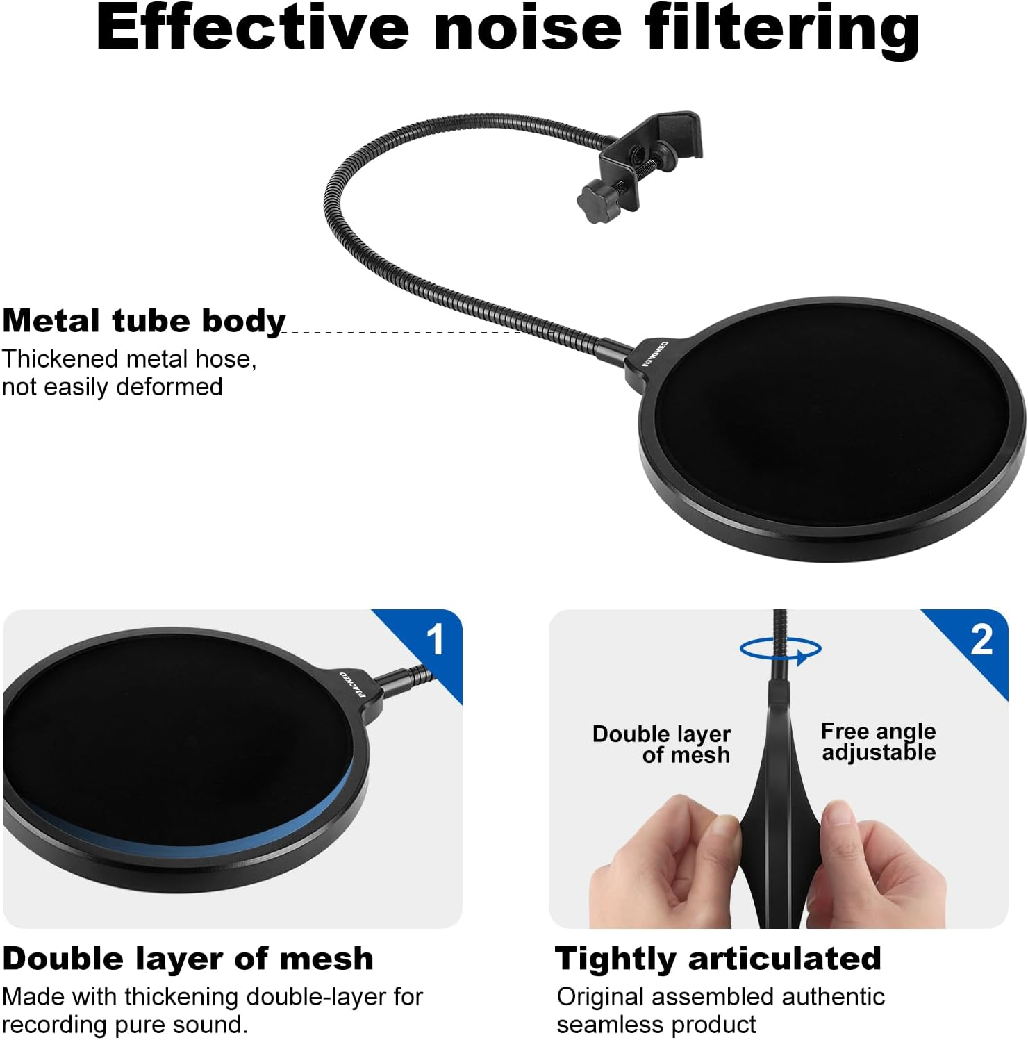 Aokeo Professional Microphone Pop Filter Mask Shield for Blue Yeti and Any Other Microphone, Mic Dual Layered Wind Pop Screen with a Flexible 360&deg; Gooseneck Clip Stabilizing Arm image number 3