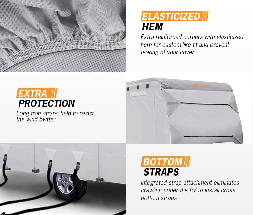 San Hima Caravan Cover 16-18Ft, 300D 4 Layer Waterproof Windproof Anti-Uv Soft Interior Travel Trailer RV Camper Motorhome Cover with Reflective Strips & Carry Bag