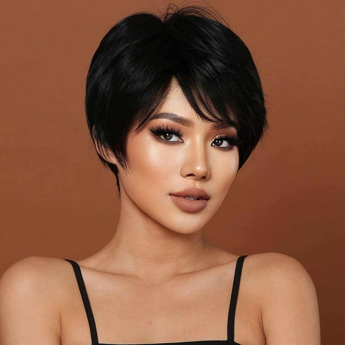 Women Human Hair Short Wig for Women Daily Wear Short Cut Wig with Bangs Natural Black (Black, One Size) image number 3