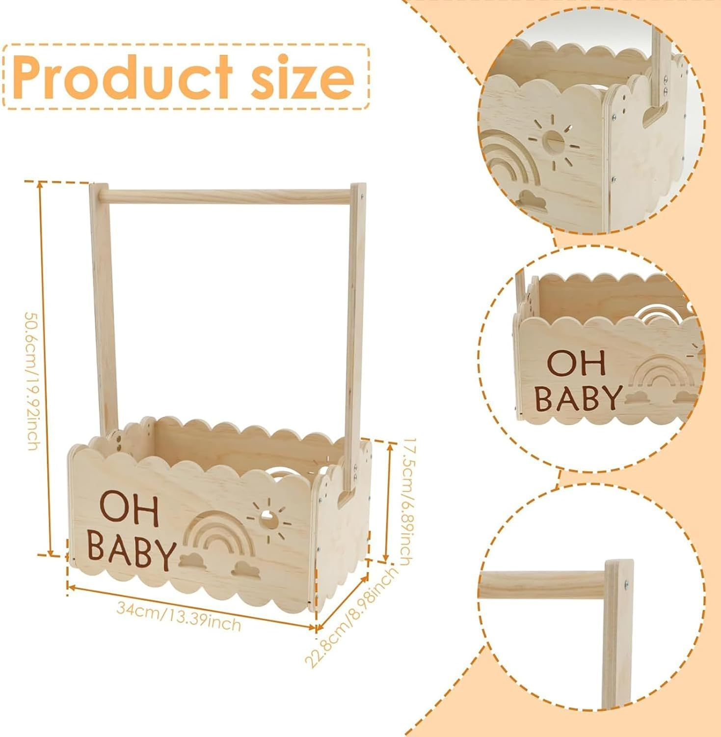 Gen&eacute;rico Baby Shower Gift Basket - Wooden Babyen Gift Box | Wooden Box with Handle - Kids Furniture for Display Pregnancy Clothes and Indoor Decor image number 2