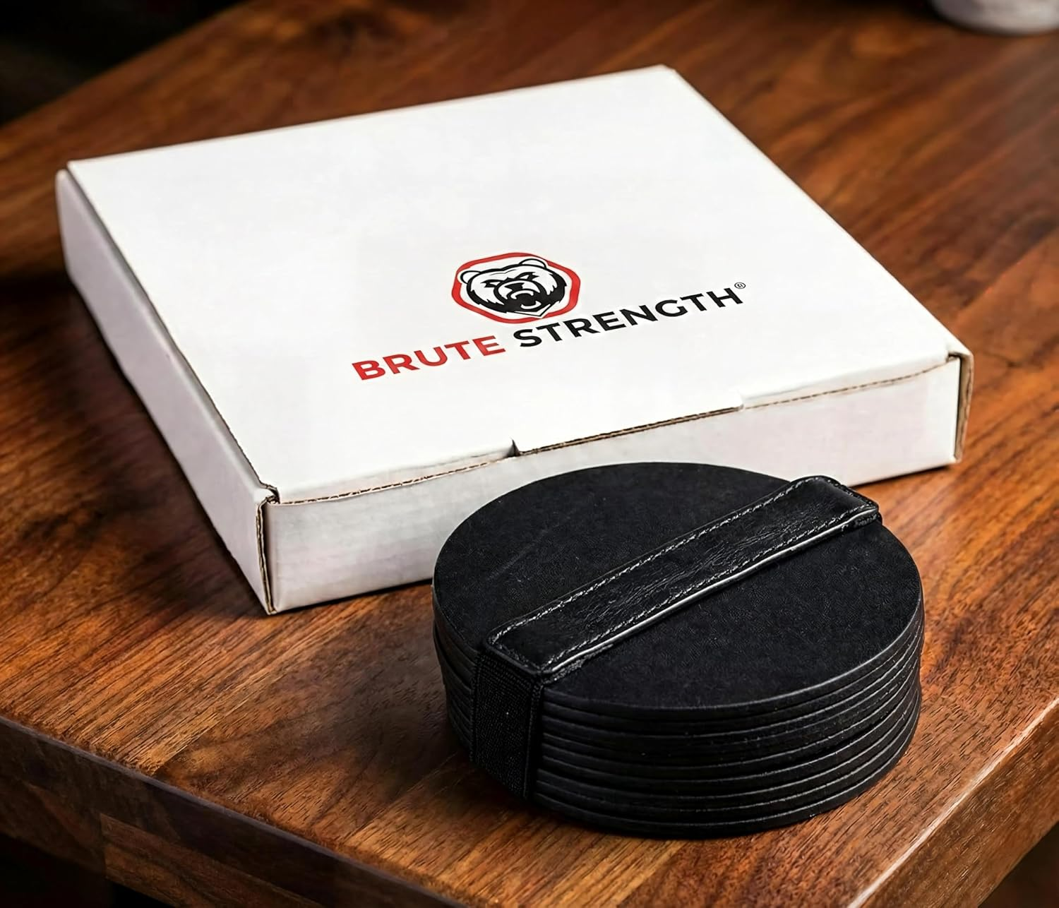 Brute Strength - Full Grain Leather Coasters - Black - round - Pack of 10 - round Glass Coasters - Drinks Coasters image number 6