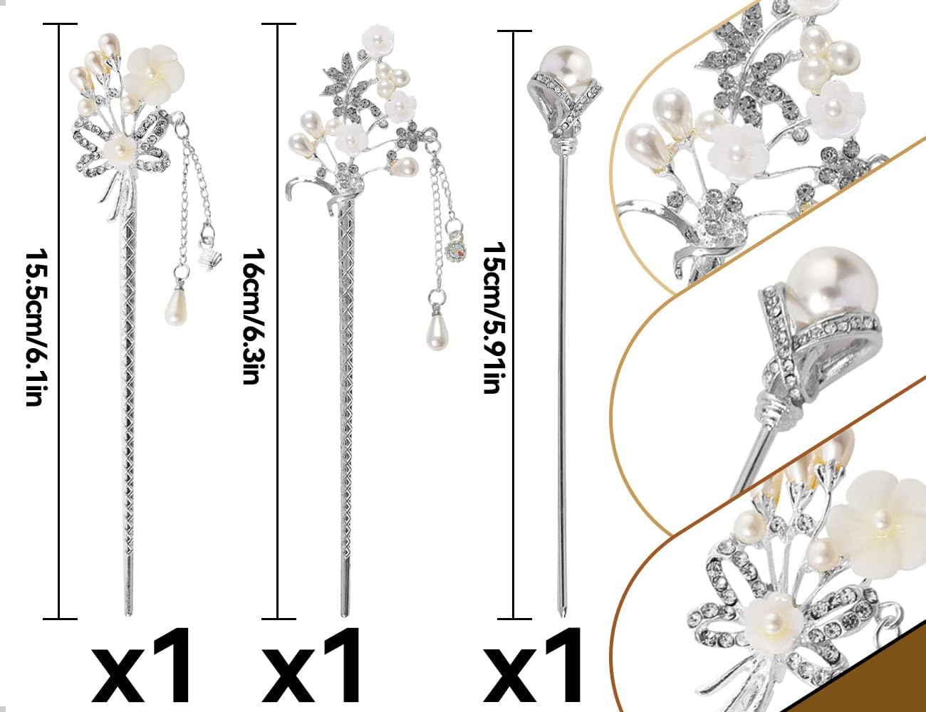 Emezddo Pack of 3 Pearl Hair Sticks, Chinese Hairpin, Vintage Tassel Hairpin, Flower Hair Accessories, Used for Girls Women, for Retro Parties, Traditional Chinese Festivals image number 2