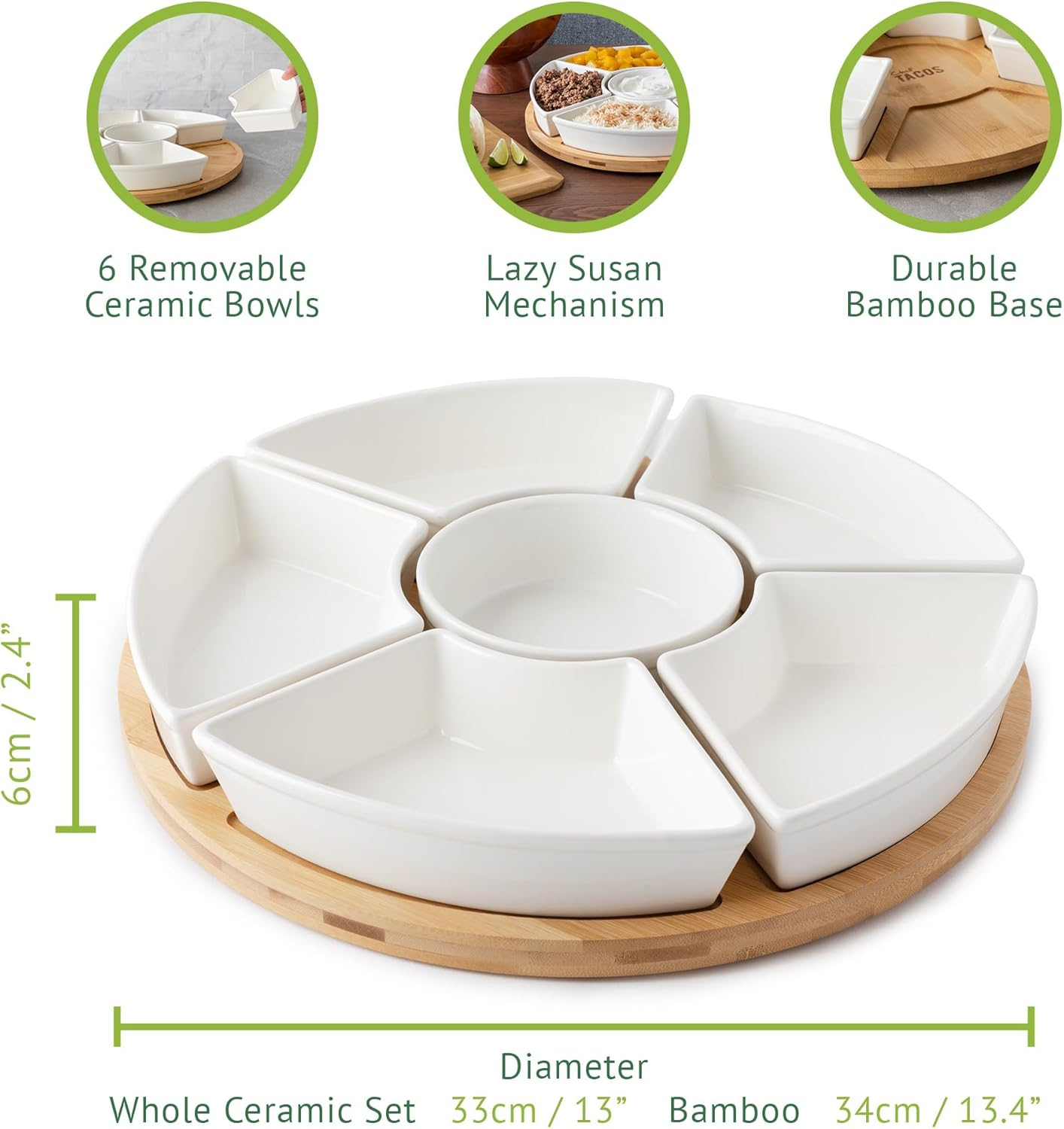 Kocktaco Ceramic Taco Tuesday Serving Platter - Divided Tray with Lazy Susan - Serving Set for Chips, Dips and Salsa image number 6