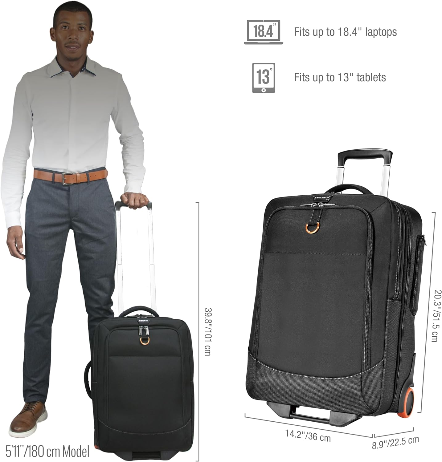 Everki Wheeled Carry-On Rolling Laptop Bag - Lightweight Trolley Bag Travel Friendly - Roller Luggage for Gamers, Rolling Bookbag for Business Travels, up to 17.3-18.4" Carry on Luggage, EKB420 Black image number 5