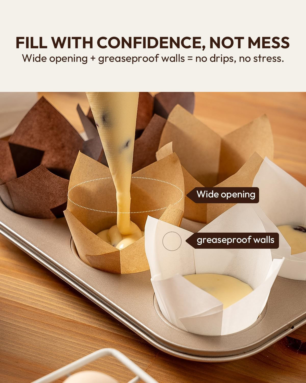 Ovendelite Tulip Cupcake Liners Natural 200PCS - Unbleached Parchment Muffin Liners, Non-Fade Oven-Safe, Brunch & Cafe Style Baking Cups - Natural image number 3