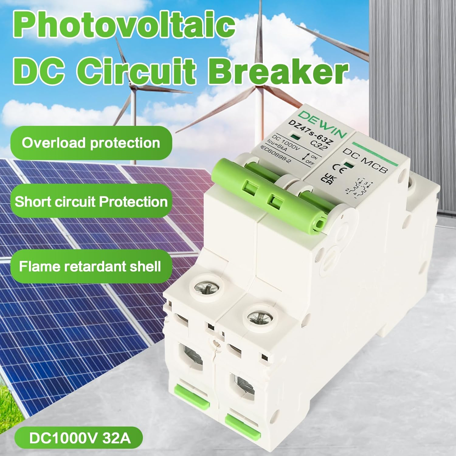 Victool DC Miniature Circuit Breaker, DC Circuit Isolator, Low Voltage Miniature Circuit Breaker DIN Rail Mount 2P 32A DC1000V image number 4