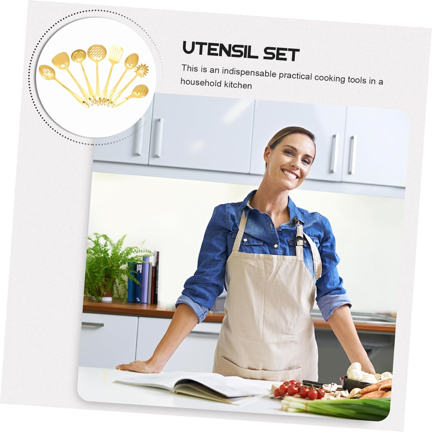 Stainless Steel Kitchen Utensil Set Gold Cooking Spatula and Scoop Kit Ergonomic Design Dishwasher Safe Tools for Stir-Frying and Braising image number 1