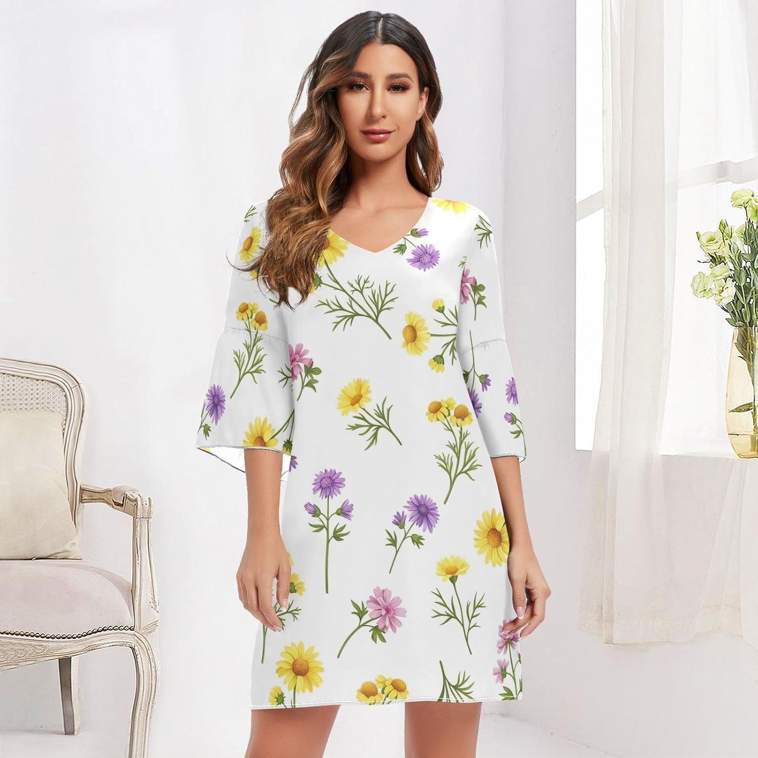 Colorful Wildflowers Ladies Chiffon Dress Printed Line Maternity Dress image number 2