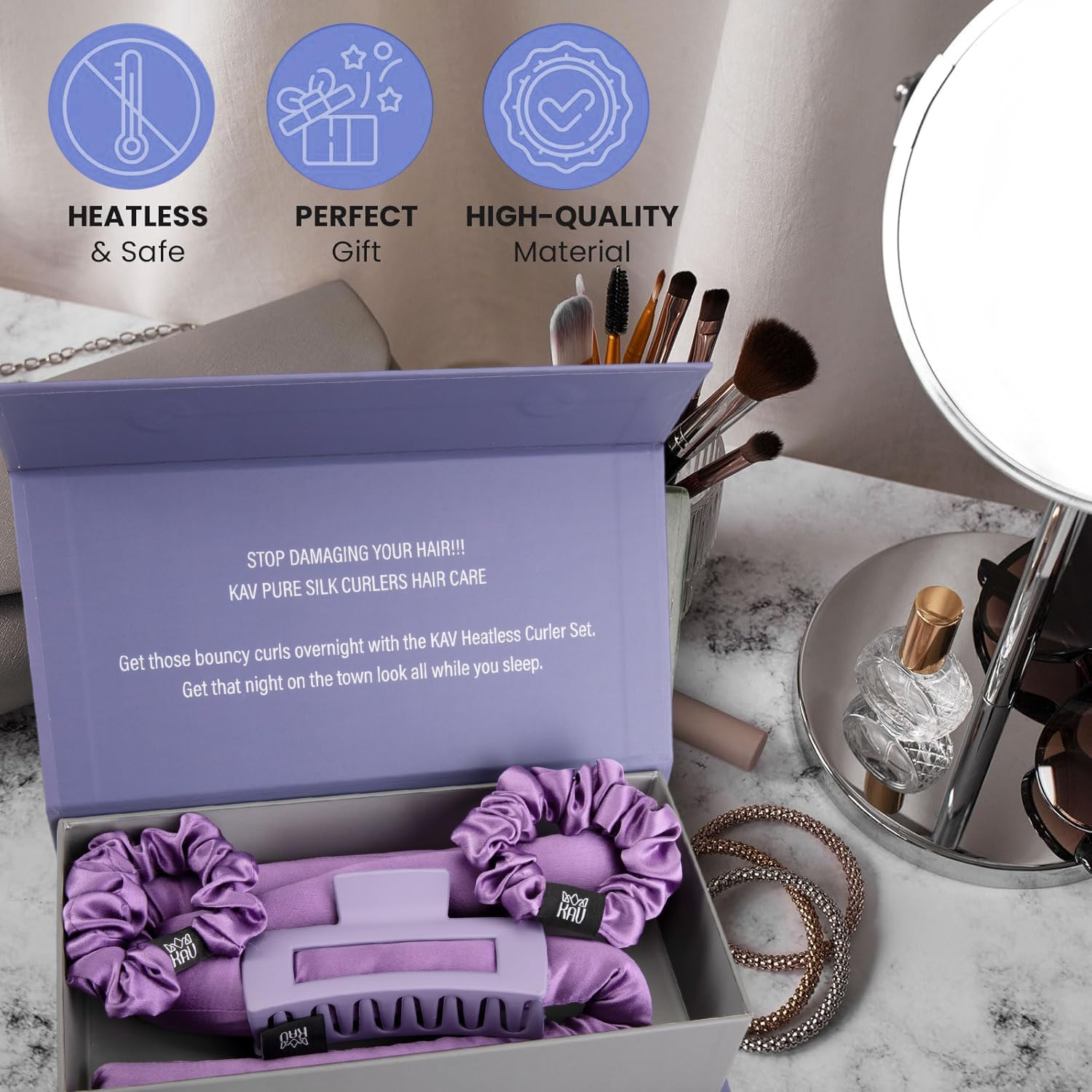 KAV Heatless Hair Curler, Mulberry Silk Overnight Hair Curl Set, No Heat Curling Rod Giftset, Premium Salon Quality Rollers to Sleep In, Heat Less Curls Set with Clip and Scrunchies image number 4