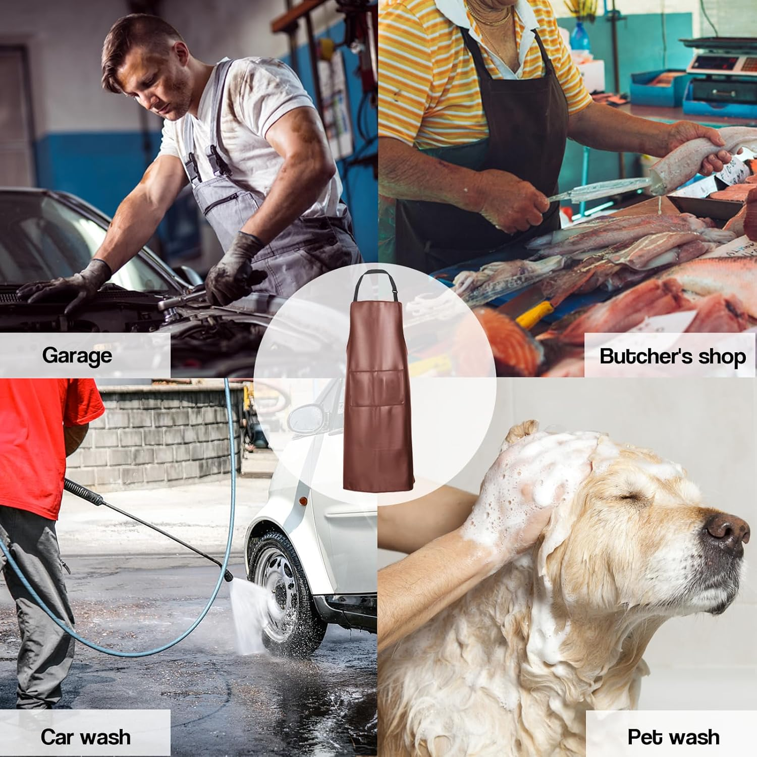 Funchaos Waterproof Apron, Heavy Duty Work Apron, Artificial Leather Apron Ideal for Chef,Butcher,Barber,Cleaning - Brown image number 1