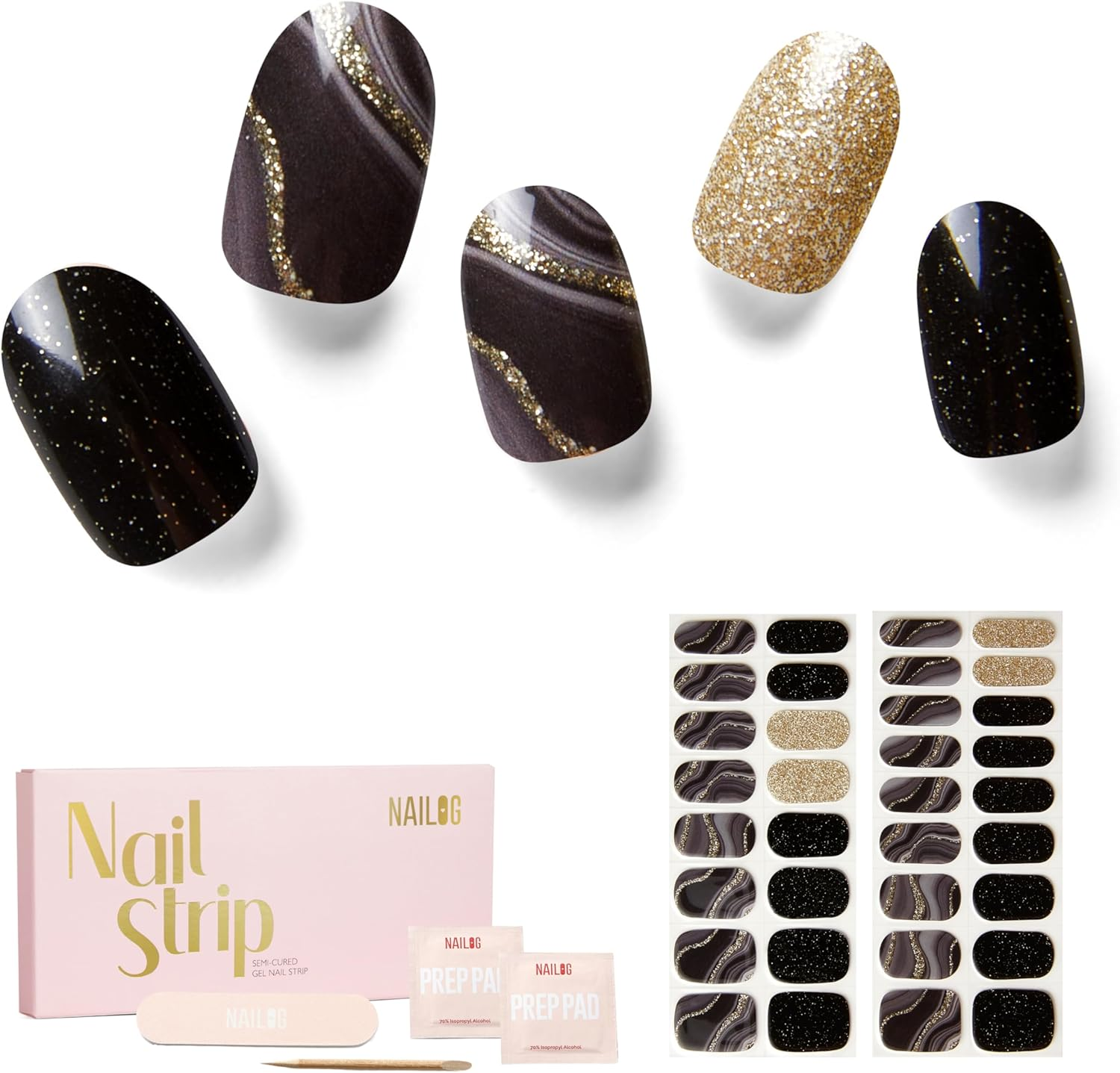 NAILOG Semi Cured Gel Nail Strips, 34Pcs Salon-Quality Gel Nail Stickers, Long Lasting Nail Wraps for Women, Twilight