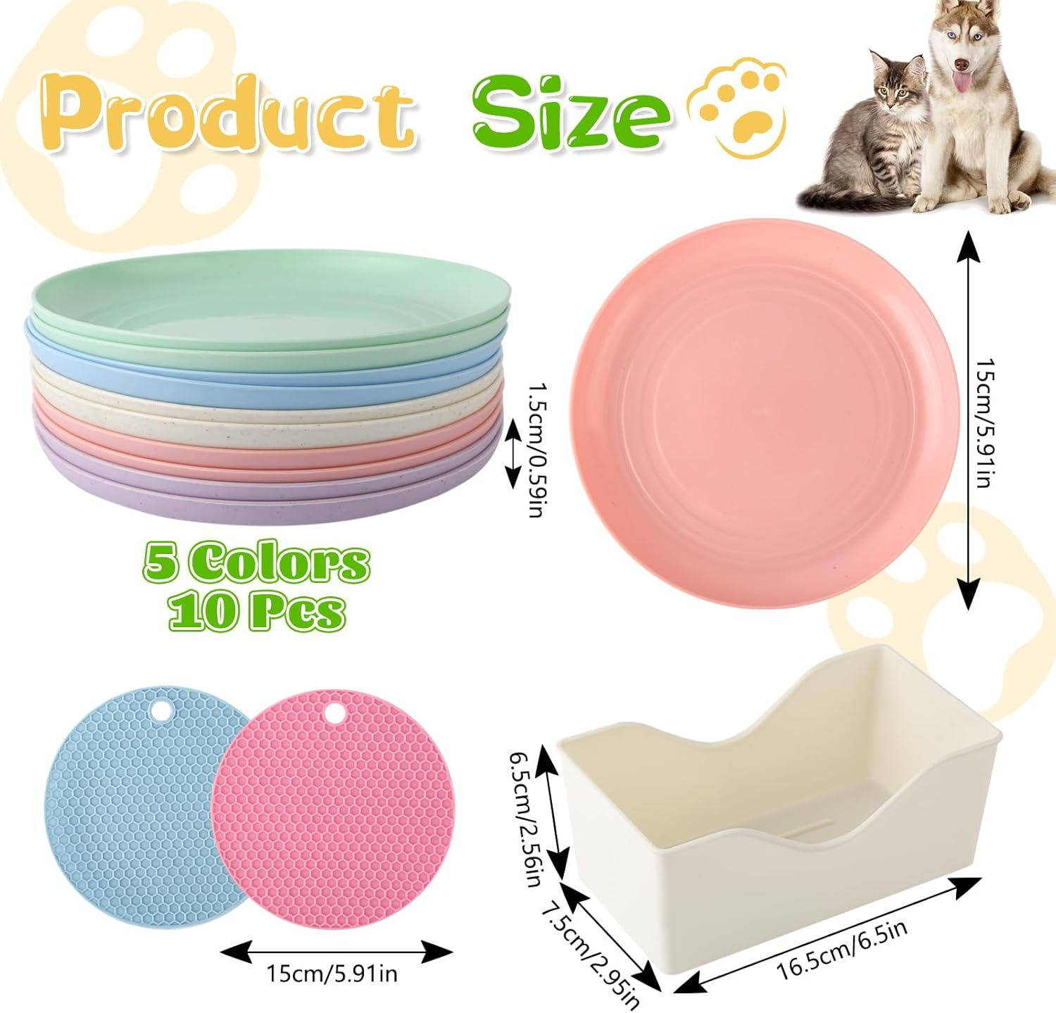 Pack of 10 Flat Cat Bowls with 2 Non-Slip Mats, Circular Feeding Bowl Cat Flat with Storage Base, Colourful Cat Bowl Set, Flat Cat Plate for Kittens and Short-Legged Cats image number 3