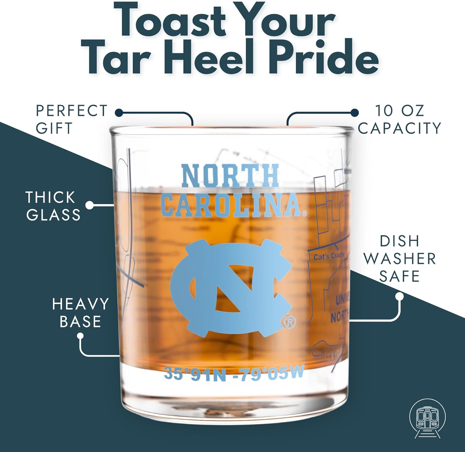 Greenline Goods &ndash; University of North Carolina Tar Heels College Whiskey Glasses (Set of 2), 10 Oz &ndash; Full-Color Logo + Campus Map image number 6
