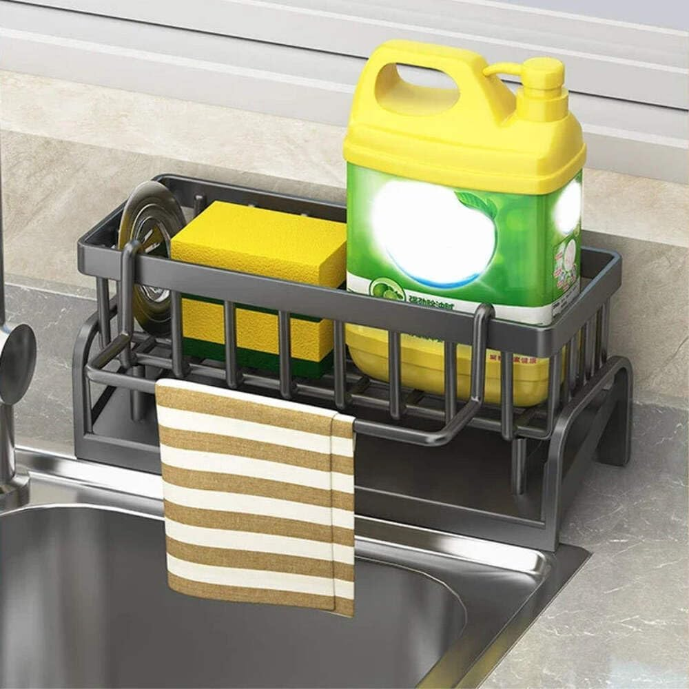 Carbon Steel Kitchen Sink Organizer with Self-Draining Drainage Tray, Sponge Holder, Towel & Mop Holder, Black Kitchen Organizer with Hook, Super Kitchen & Bathroom Accessories image number 5