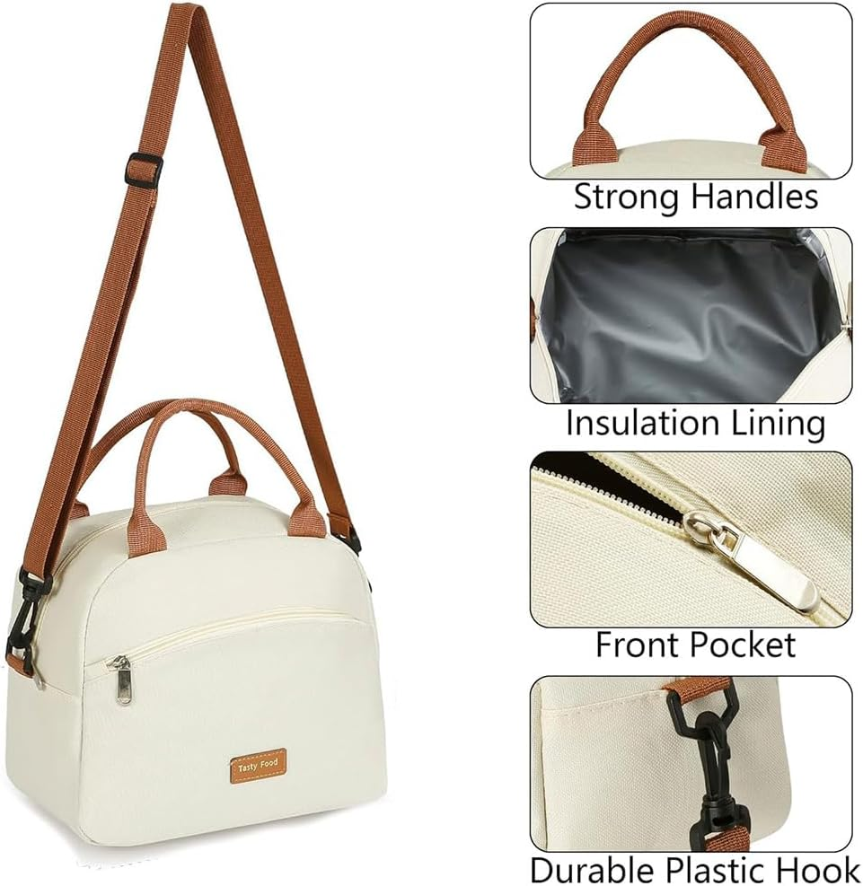 Lunch Bag Lunch Box for Women Men Insulated Waterproof Insulated Portable Reusable Bag for Lunch,Leakproof with Adjustable Straps Can Be Used for Work,Picnic - Off-White image number 4