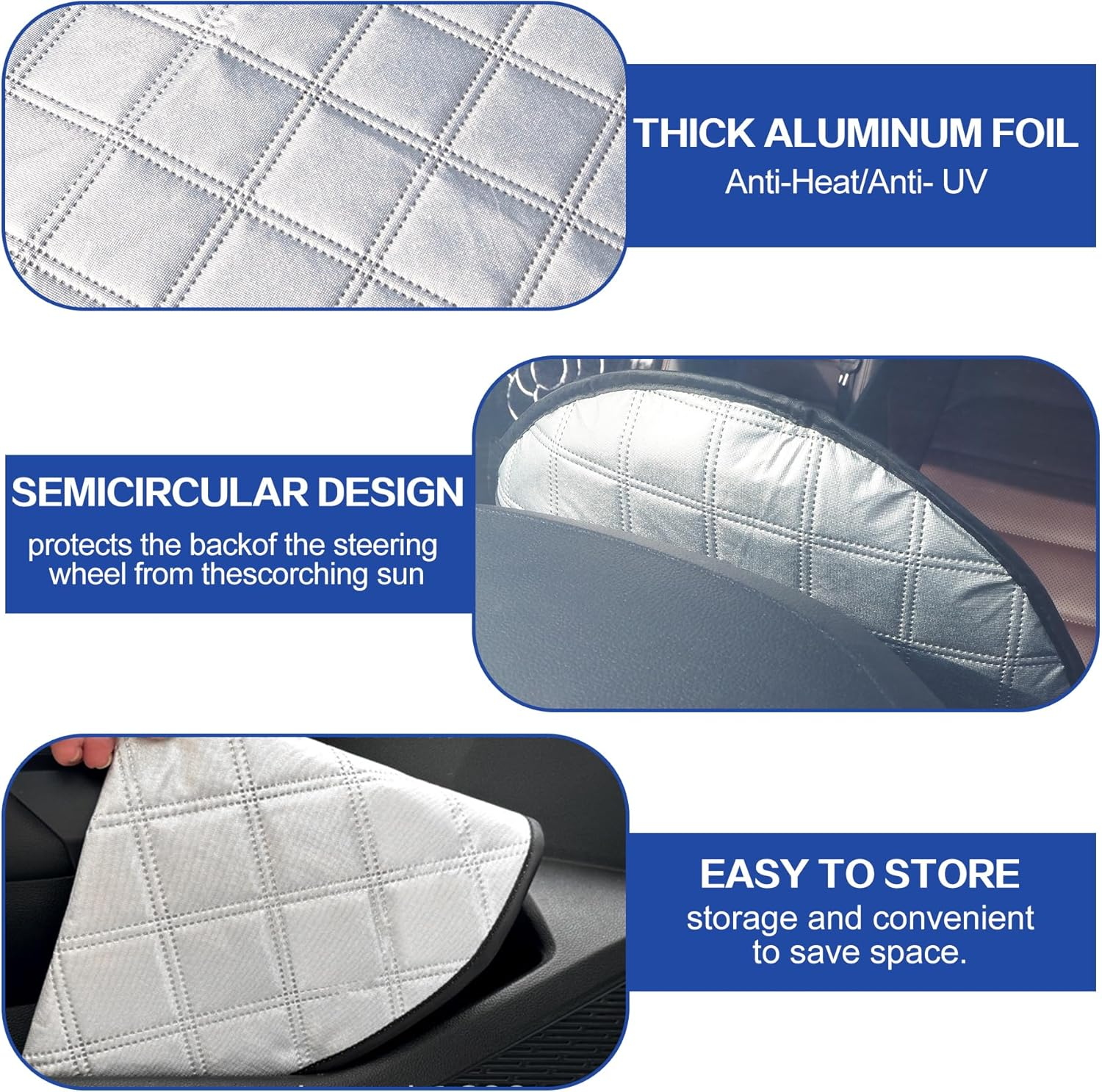 Car Steering Wheel Sun Shade Cover, Universal Steering Wheel Sun Block Anti-Heat UV Rays Block Aluminum Foil Sunshade Cover, Reflective & Foldable Interior Accessories for Sedan SUV Truck RV (Silver) - Black image number 5