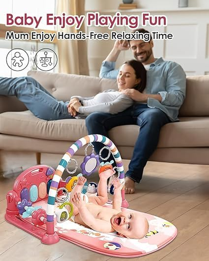 Veraste Baby Play Mat Baby Gym,Funny Play Piano Tummy Time Baby Activity Mat with 5 Infant Sensory Baby Toys, Music and Lights Boy & Girl Gifts for Newborn Baby 0 to 3 6 9 12 Months (Pink) image number 3