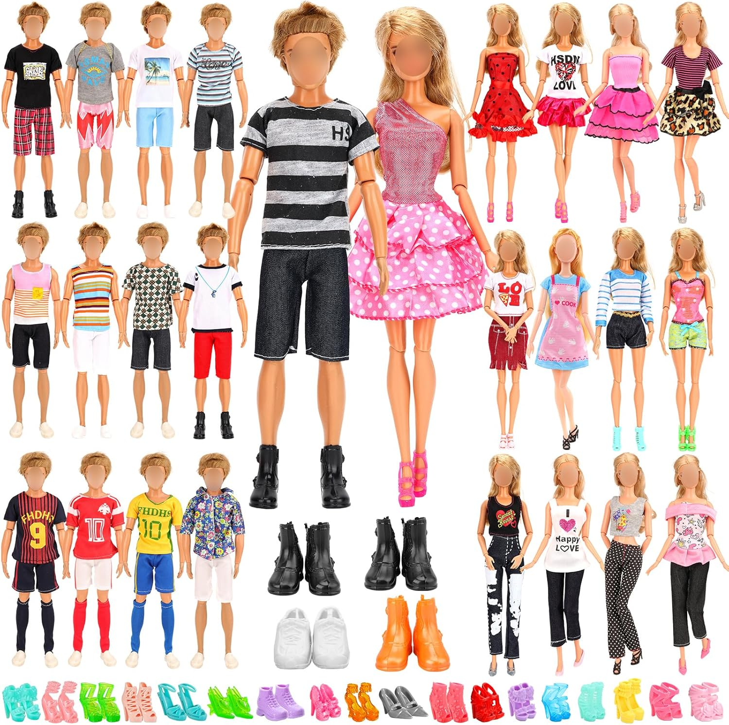 Barwa 39 Accessories Selected Randomly for 11.5 Inch Girl and Boy Dolls: 10 Clothes + 4 PCS Shoes for Boy + 5 Tops + 5 Pants + 5 Dresses + 10 PCS Shoes for 11.5 Inch Girl image number 2