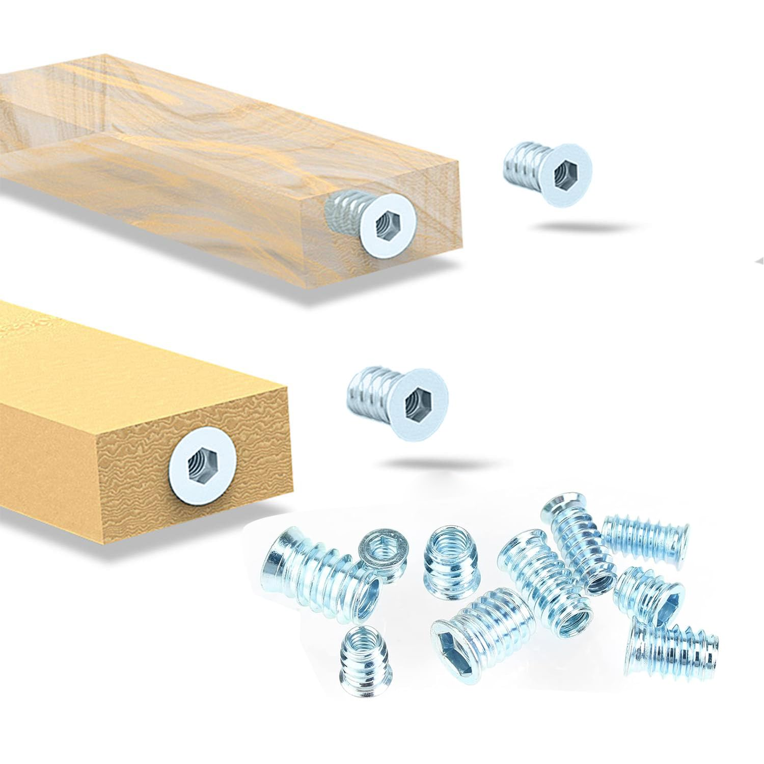 Funcyboo 40 Pcs Threaded Insert, 1/4"-20 X 15Mm Wood Inserts Bolt Screw in Nut Fastener Connector Furniture Screw for Wood Furniture (With 1/4" Allen Wrench) image number 2