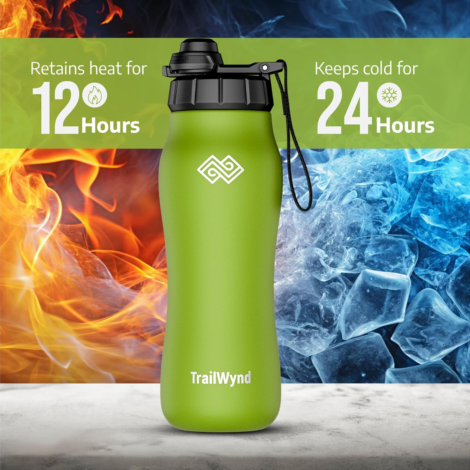 Insulated Stainless Steel Water Bottle, 24 Hours Cold, 12 Hours Hot, Leak-Proof, Powder-Coated Finish, 24Oz (Green) image number 4