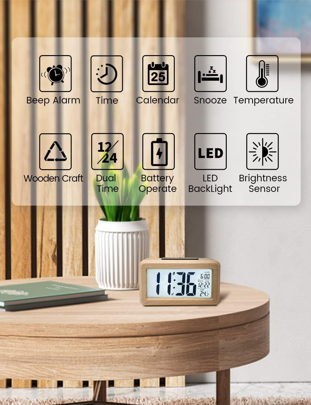 Aboveclock Digital Alarm Clock, Wooden Bedside Clock with Large LCD Backlit Display, Temperature, Snooze Function, Brightness Sensor, 3 AAA Battery Operated【Battery NOT Included】 image number 2
