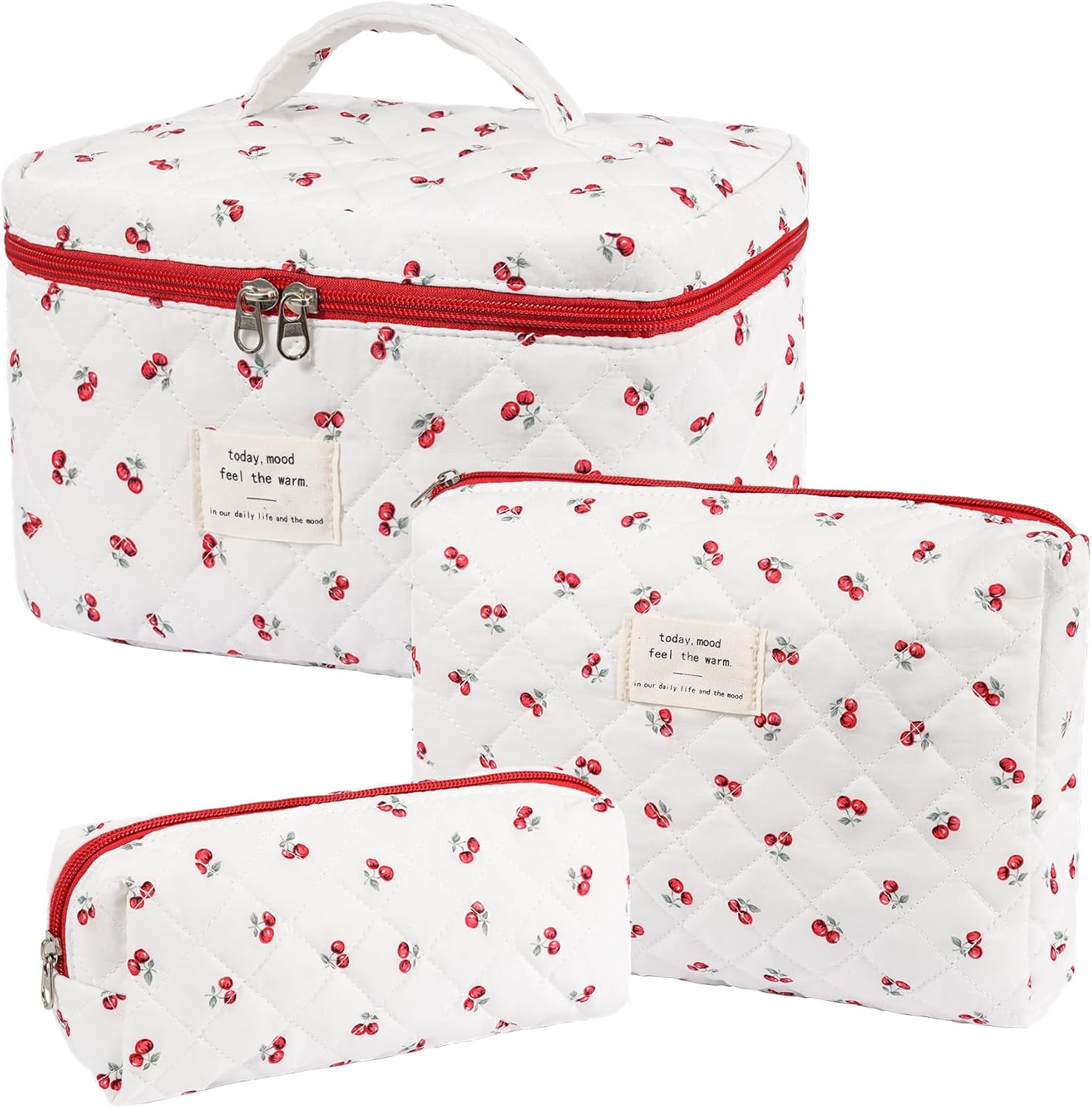 Makeup Bag, Quilted Makeup Bag,Large Floral Cosmetic Bag for Women,Cotton Makeup Bag Set,Flower Travel Toiletry Bag., Cherry, 3PCS - 1Pcs-Blue image number 2