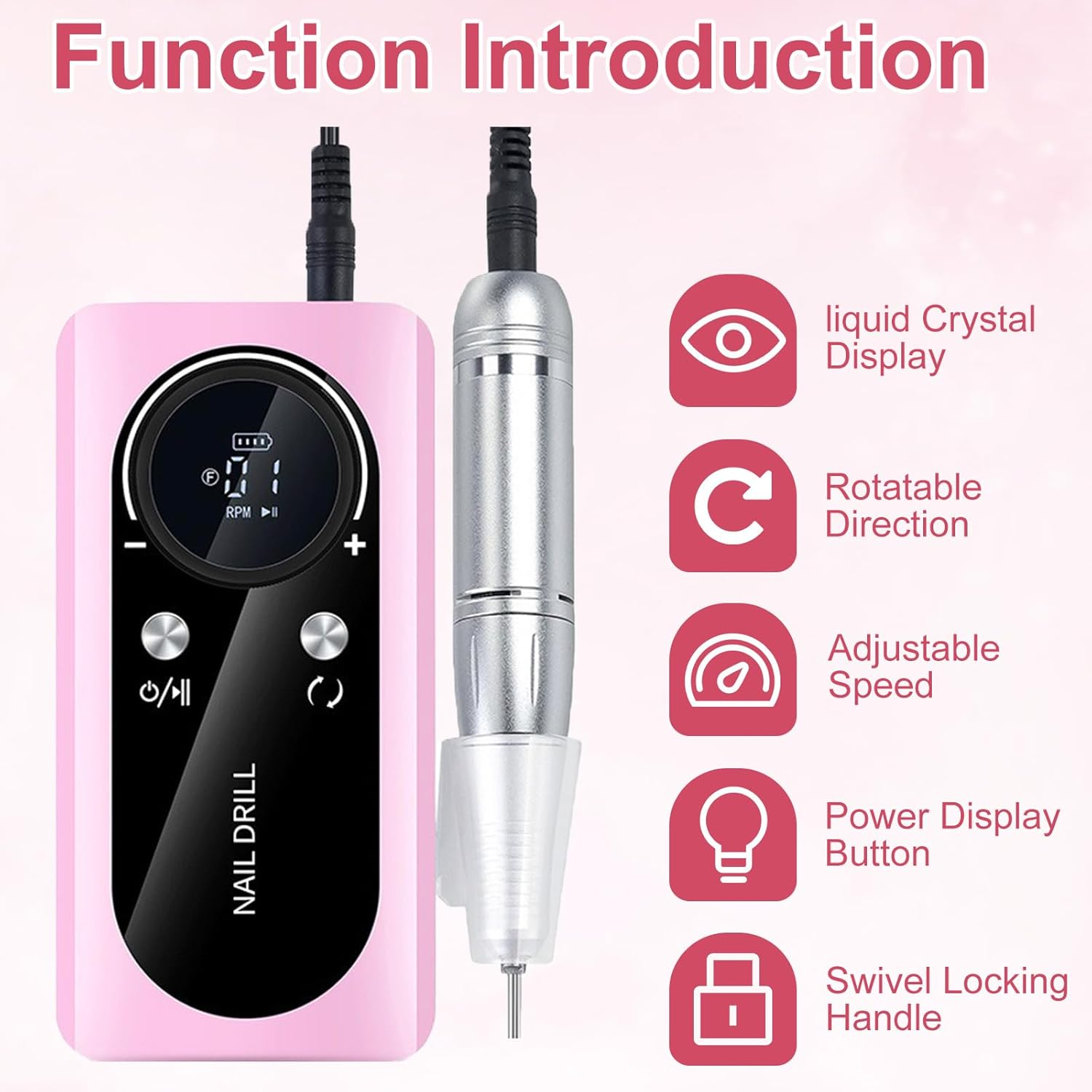 Oolong Nail Drill Machine 45000 RPM Rechargeable Electric Nail File E File 2000Mah Professional Acrylic Electric Nail Drill for Manicure Salon Home Acrylic Nails, Polishing, Manicure Pedicure Nail Tools,Pink image number 1